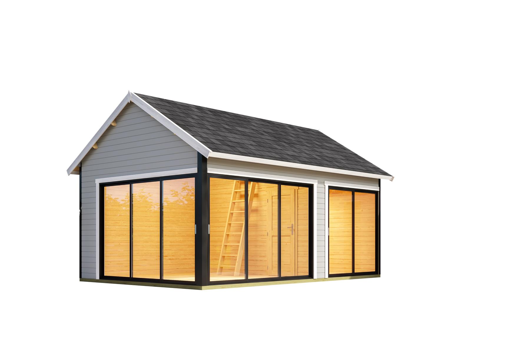 Lasita Maja Murano 3 Set Gartenhaus Blockhaus 44mm, mit Schlafboden, Fundamentmass 578x390, Lichtgrau Lasita Maja Murano 3 Set Gartenhaus Blockhaus 44mm, mit Schlafboden, Fundamentmass 578x390, Lichtgrau