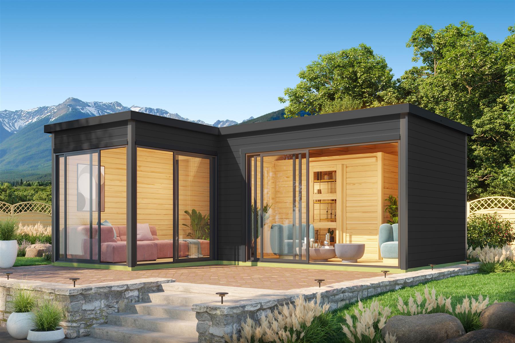 Lasita Maja Domeo 11 Set Gartenhaus Blockhaus 44 mm, L-Förmig, Fundamentmass 595x500, Carbongrau Lasita Maja Domeo 11 Set Gartenhaus Blockhaus 44 mm, L-Förmig, Fundamentmass 595x500, Carbongrau