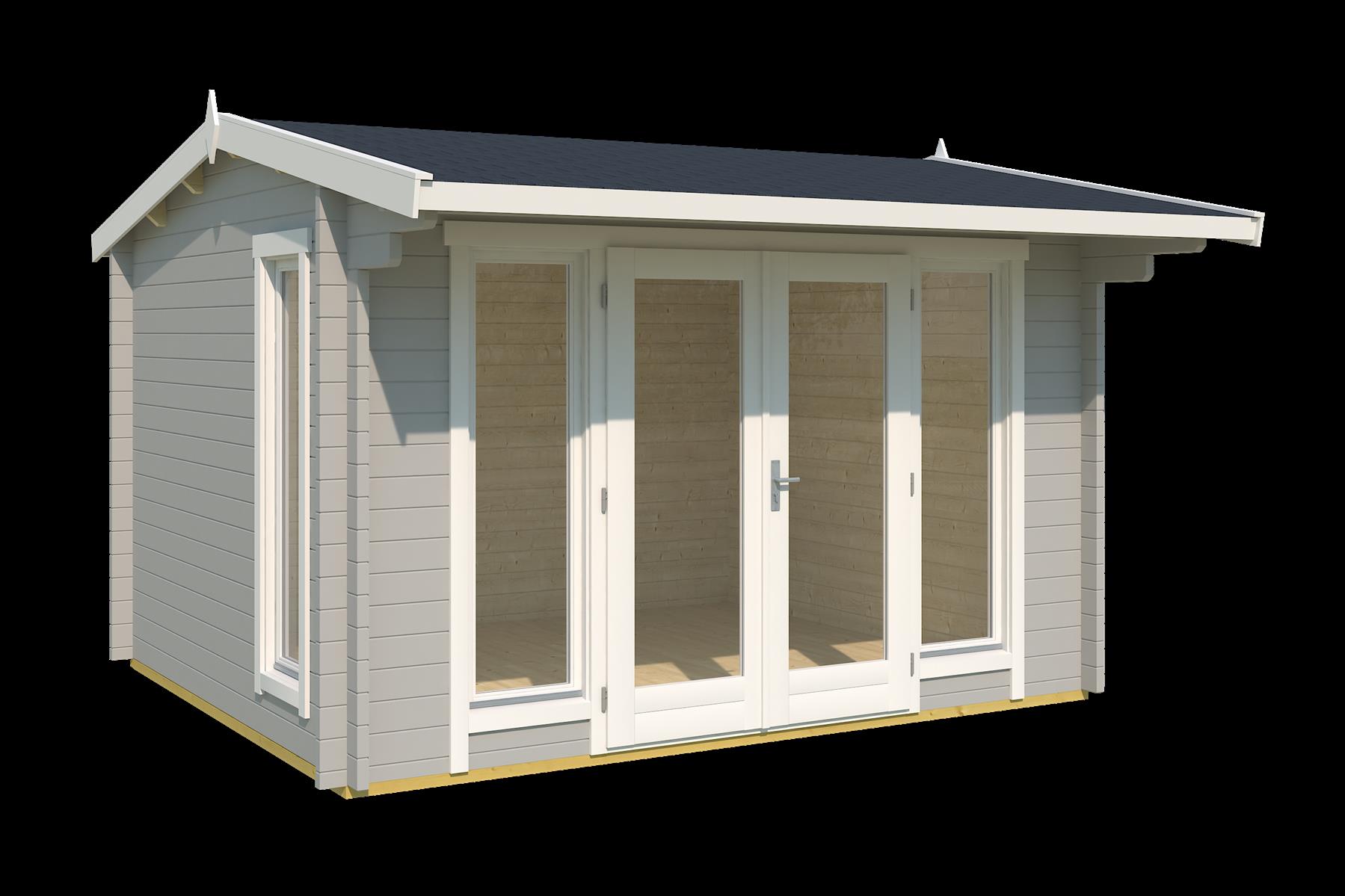 Lasita Maja Jubilee 44 Gartenhaus Blockhaus 44 mm  mit Vordach, 350 x 300, Lichtgrau Lasita Maja Jubilee 44 Gartenhaus Blockhaus 44 mm  mit Vordach, 350 x 300, Lichtgrau