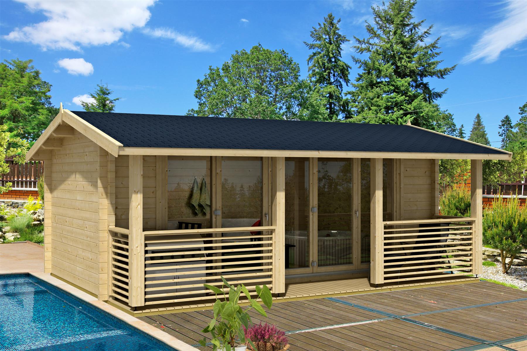 Lasita Maja Lyndhurst Ferienhaus 70 mm, Terrasse mit Geländer, 550 x 300, Naturbelassen Lasita Maja Lyndhurst Ferienhaus 70 mm, Terrasse mit Geländer, 550 x 300, Naturbelassen