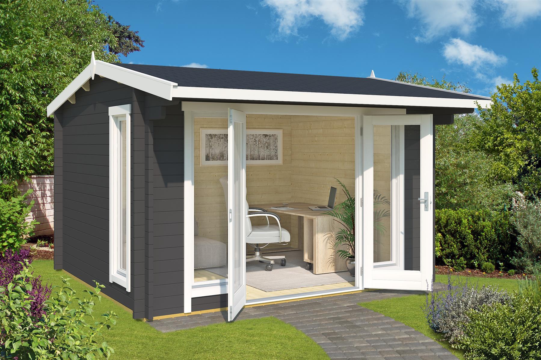 Lasita Maja Jubilee 44 Gartenhaus Blockhaus 44 mm  mit Vordach, 350 x 300, Carbongrau