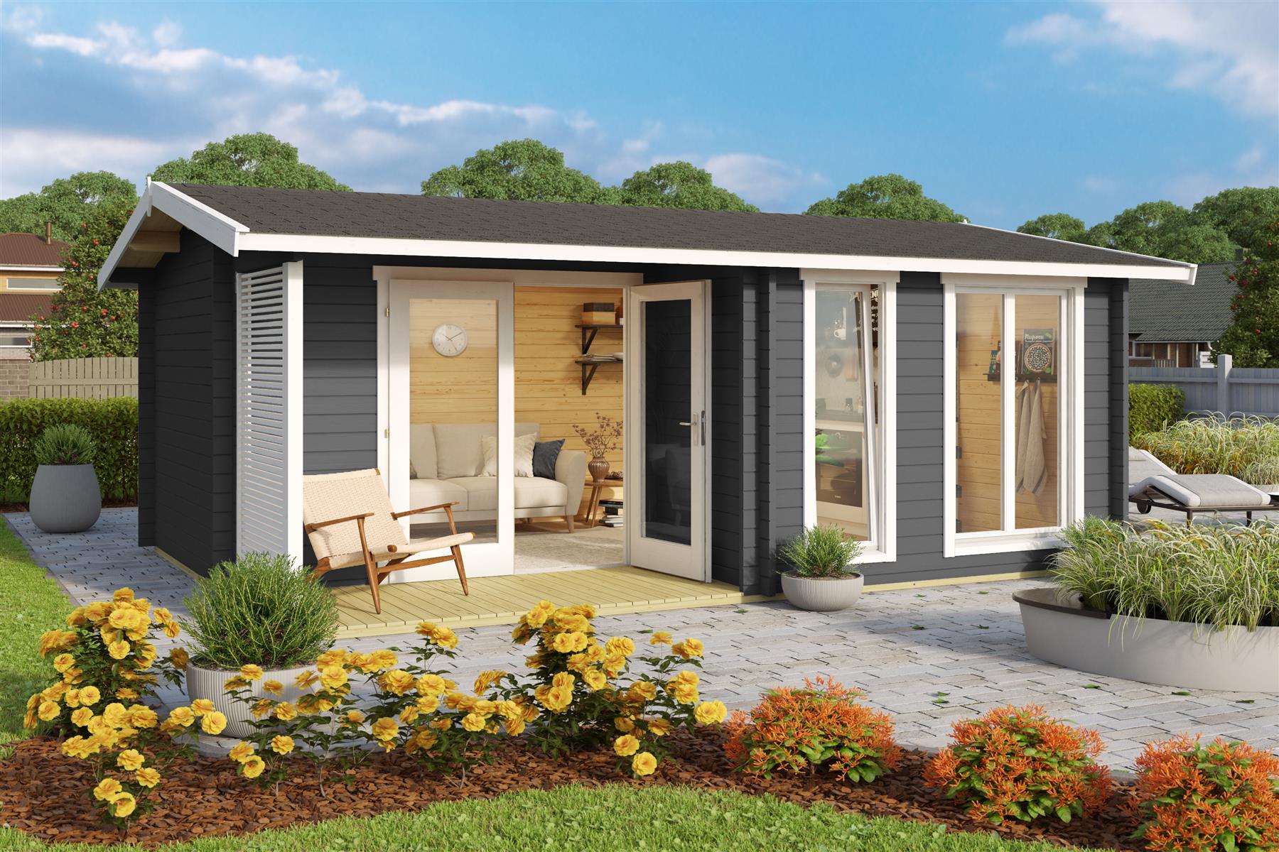 Lasita Maja Brighton 44 Gartenhaus Blockhaus 44 mm mit Terrasse, 520 x 370, Carbongrau Lasita Maja Brighton 44 Gartenhaus Blockhaus 44 mm mit Terrasse, 520 x 370, Carbongrau