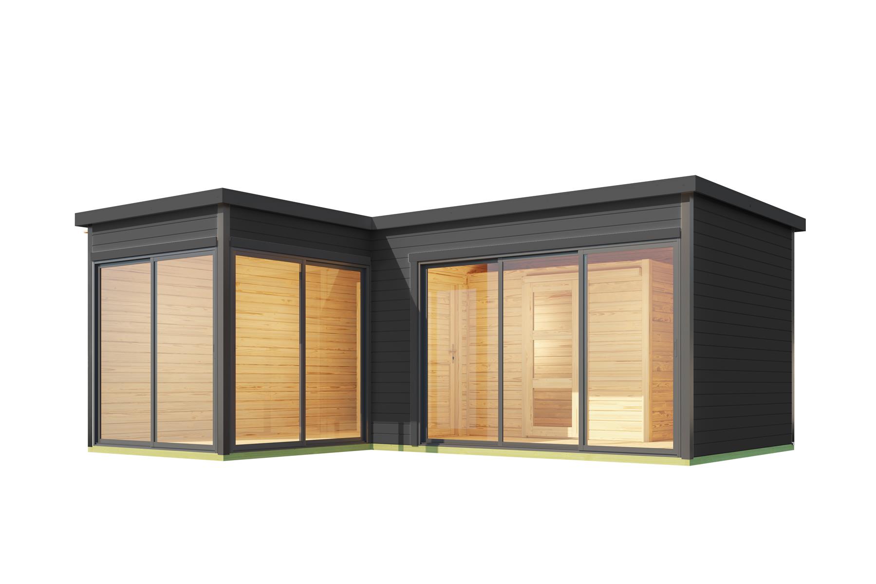 Lasita Maja Domeo 11 Set Gartenhaus Blockhaus 44 mm, L-Förmig, Fundamentmass 595x500, Carbongrau Lasita Maja Domeo 11 Set Gartenhaus Blockhaus 44 mm, L-Förmig, Fundamentmass 595x500, Carbongrau