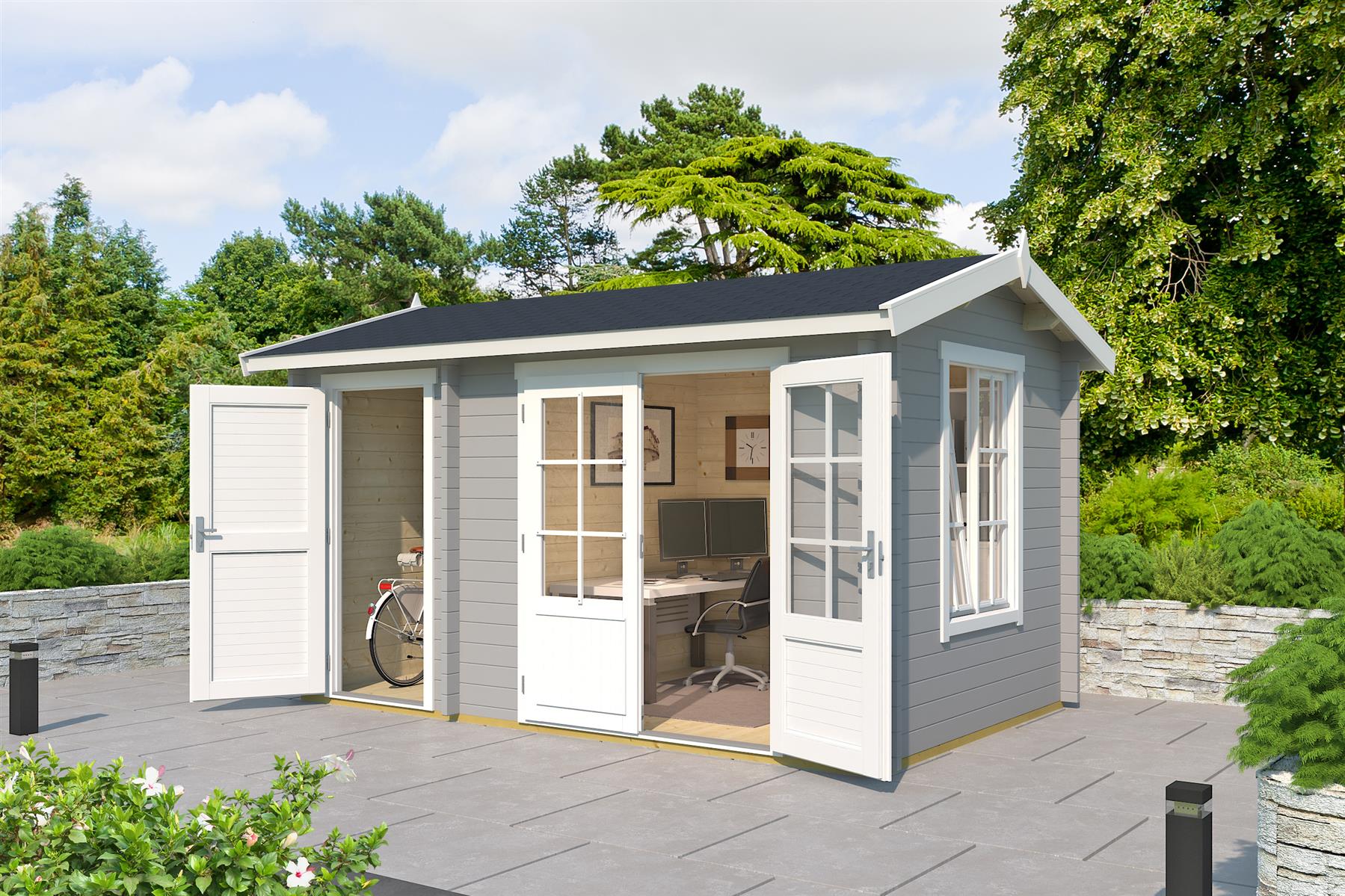 Lasita Maja Wrexham 1 Gartenhaus Blockhaus 44 mm 2-Raum, 390 x 240, Lichtgrau Lasita Maja Wrexham 1 Gartenhaus Blockhaus 44 mm 2-Raum, 390 x 240, Lichtgrau