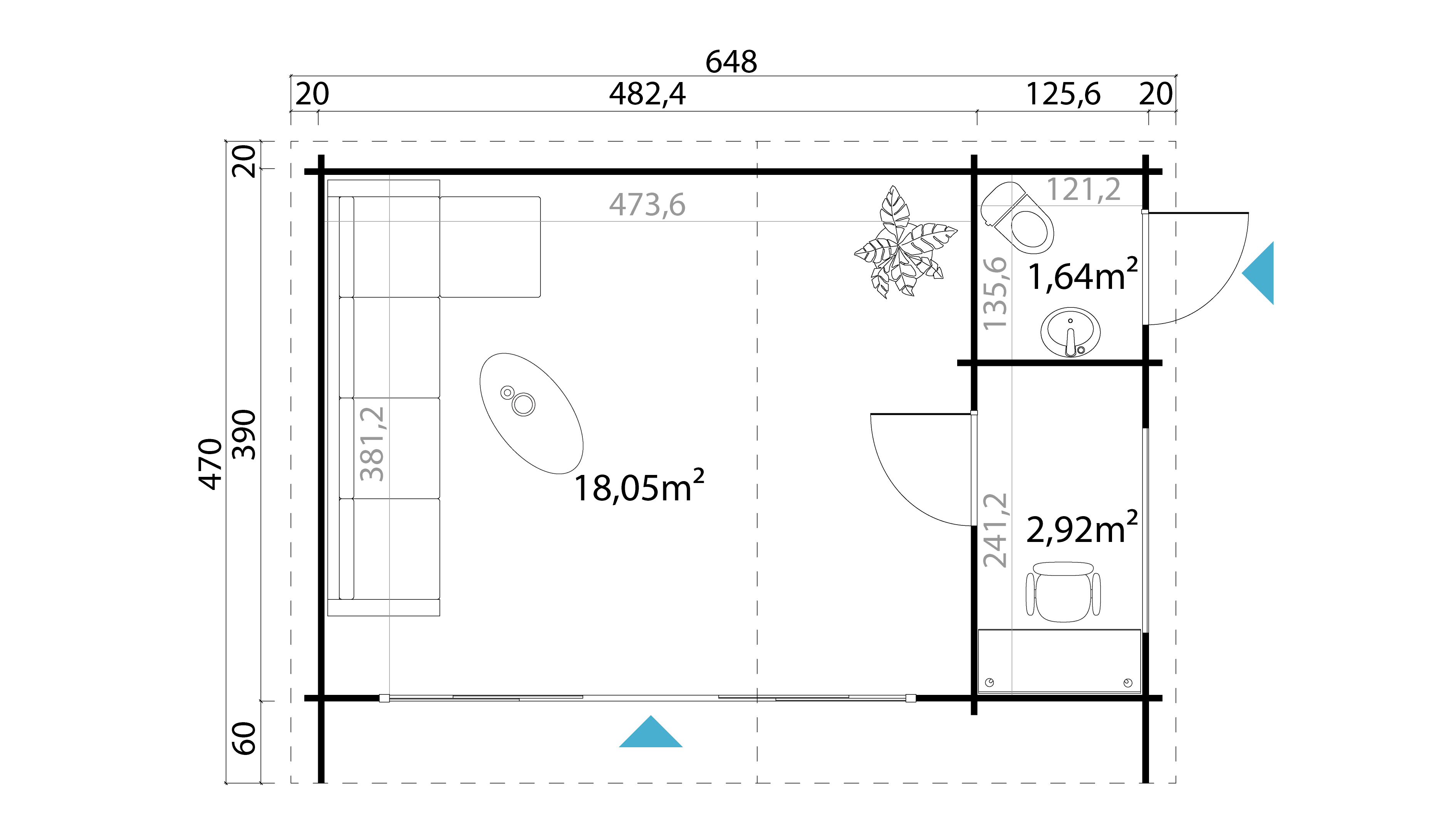 Lasita Maja Java Gartenhaus Blockhaus 44 mm 3-Raum, 608 x 390, Gletschergrün