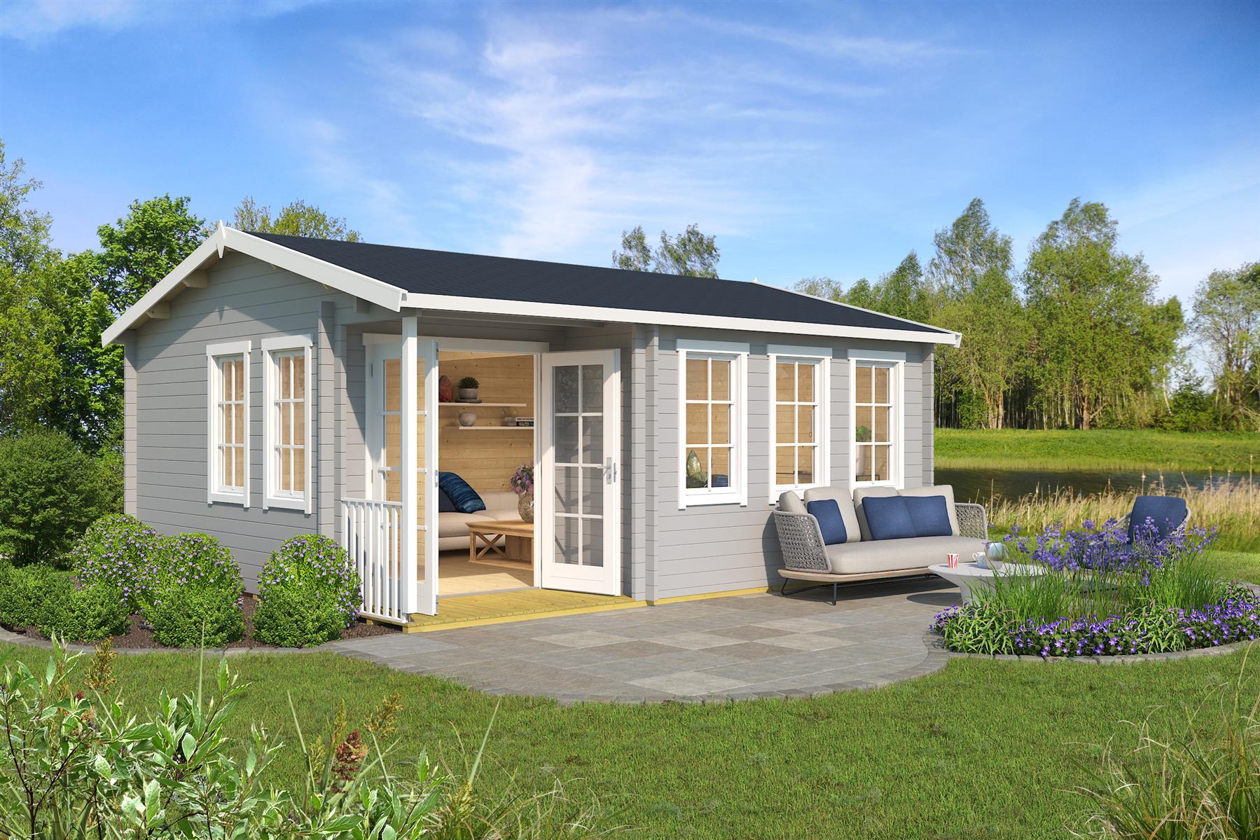 Lasita Maja Sri Lanka Set Silber Gartenhaus Blockhaus 44 mm mit 2-Raum und überdachte Terrasse, 560 x 480, Lichtgrau Lasita Maja Sri Lanka Set Silber Gartenhaus Blockhaus 44 mm mit 2-Raum und überdachte Terrasse, 560 x 480, Lichtgrau