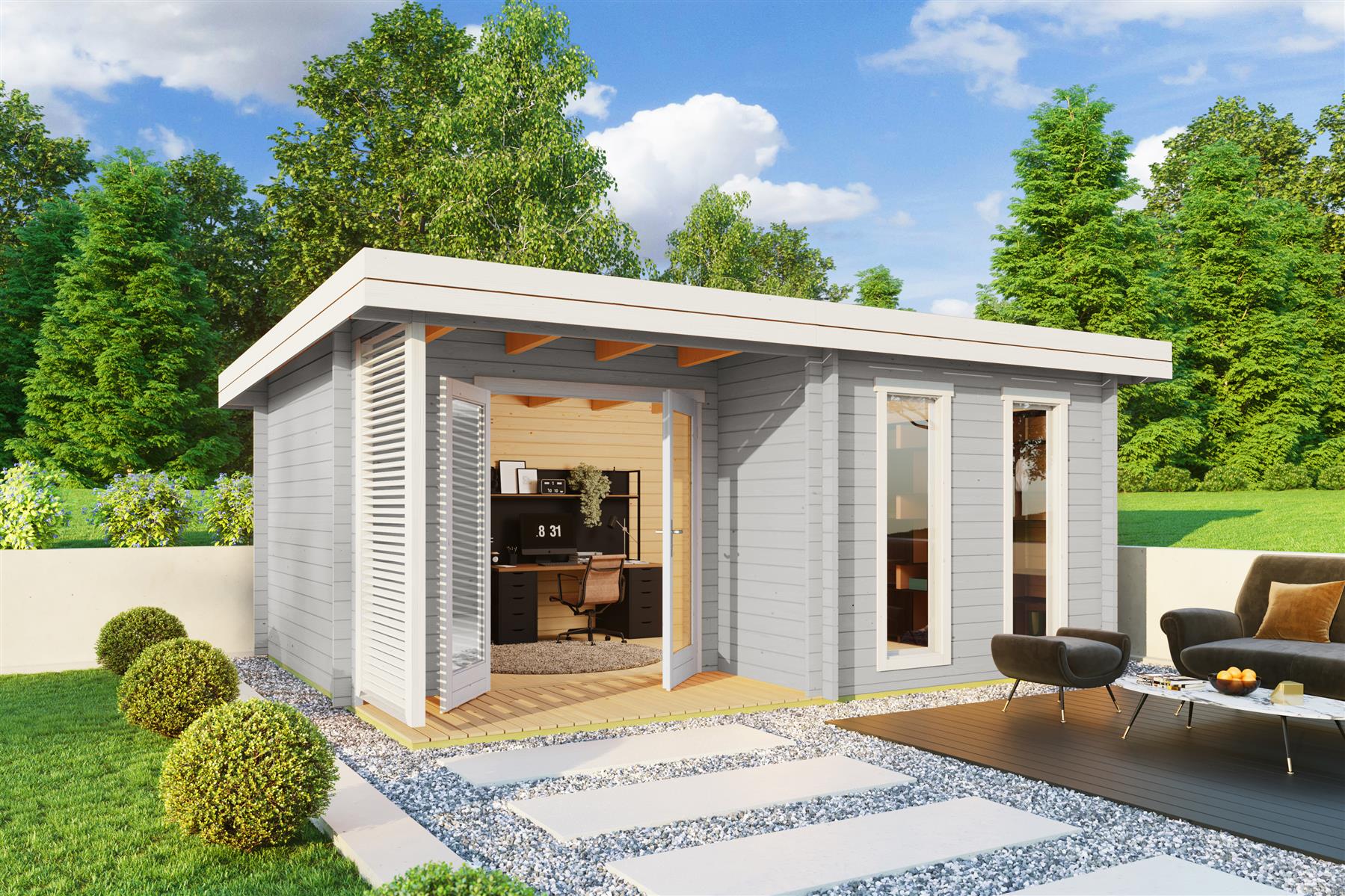 Lasita Maja Orkney Gartenhaus Blockhaus 44 mm mit überdachte Terrasse, 520 x 390, Lichtgrau Lasita Maja Orkney Gartenhaus Blockhaus 44 mm mit überdachte Terrasse, 520 x 390, Lichtgrau