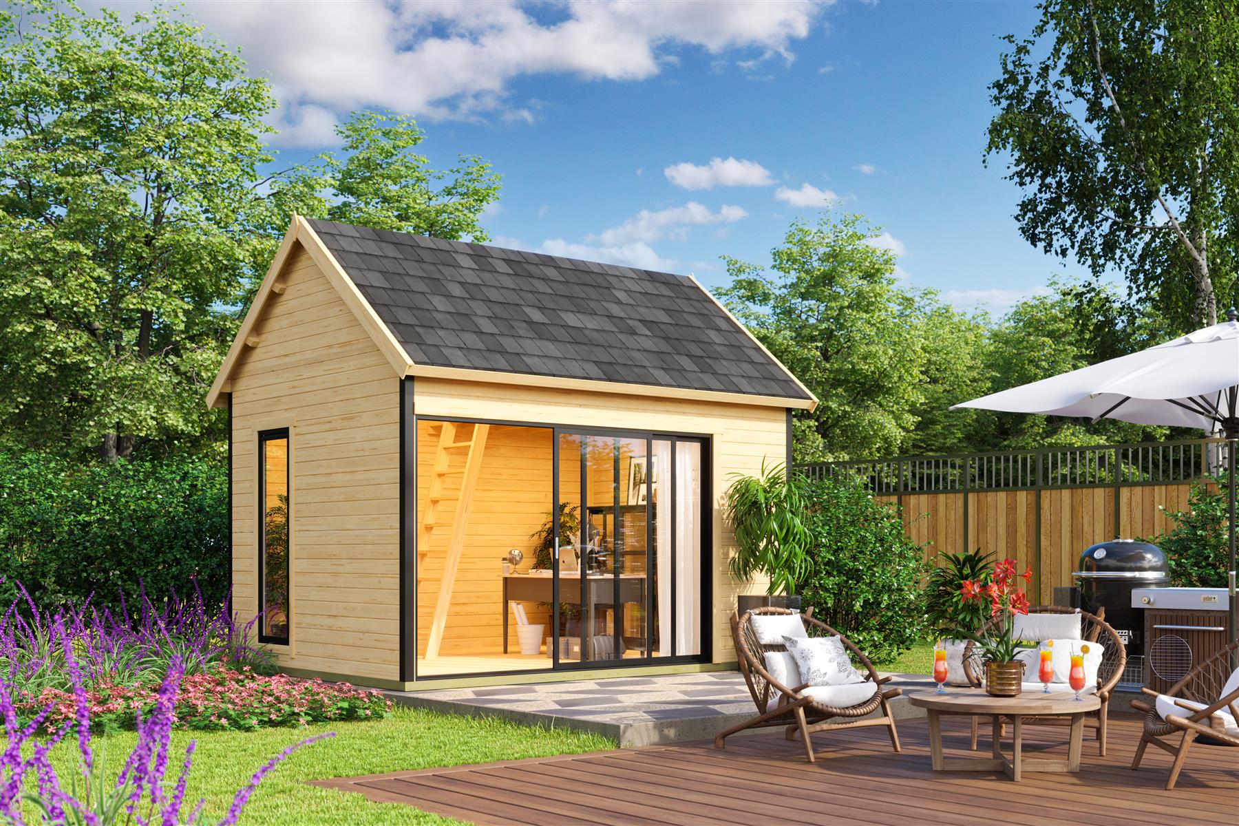 Lasita Maja Murano 2 Set Gartenhaus Blockhaus 44mm, mit Schlafboden, Fundamentmass 410x300, Naturbelassen Lasita Maja Murano 2 Set Gartenhaus Blockhaus 44mm, mit Schlafboden, Fundamentmass 410x300, Naturbelassen