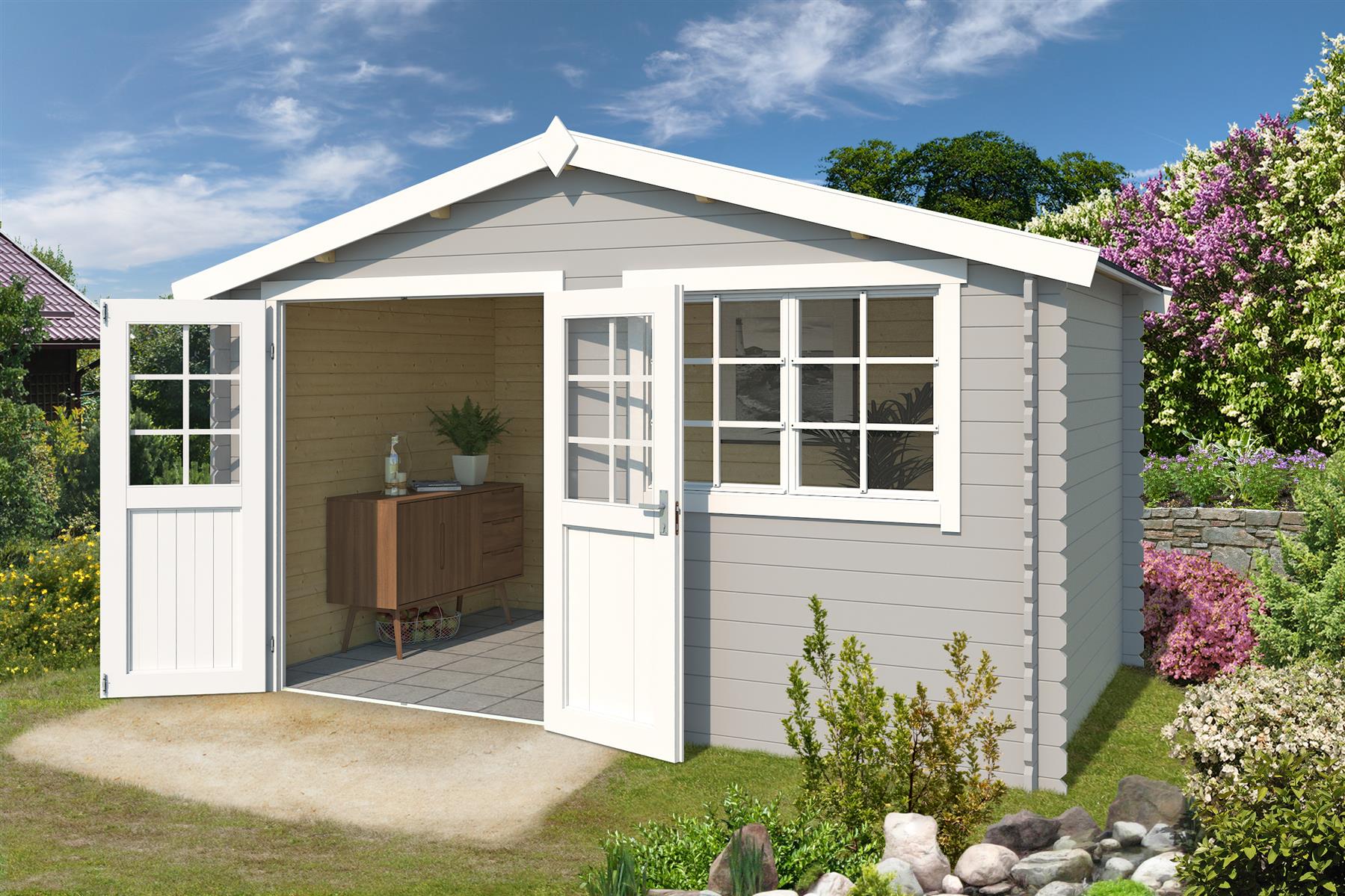 Lasita Maja Axel 230 Holz-Gartenhaus Blockhaus 28mm, 380x230, Lichtgrau