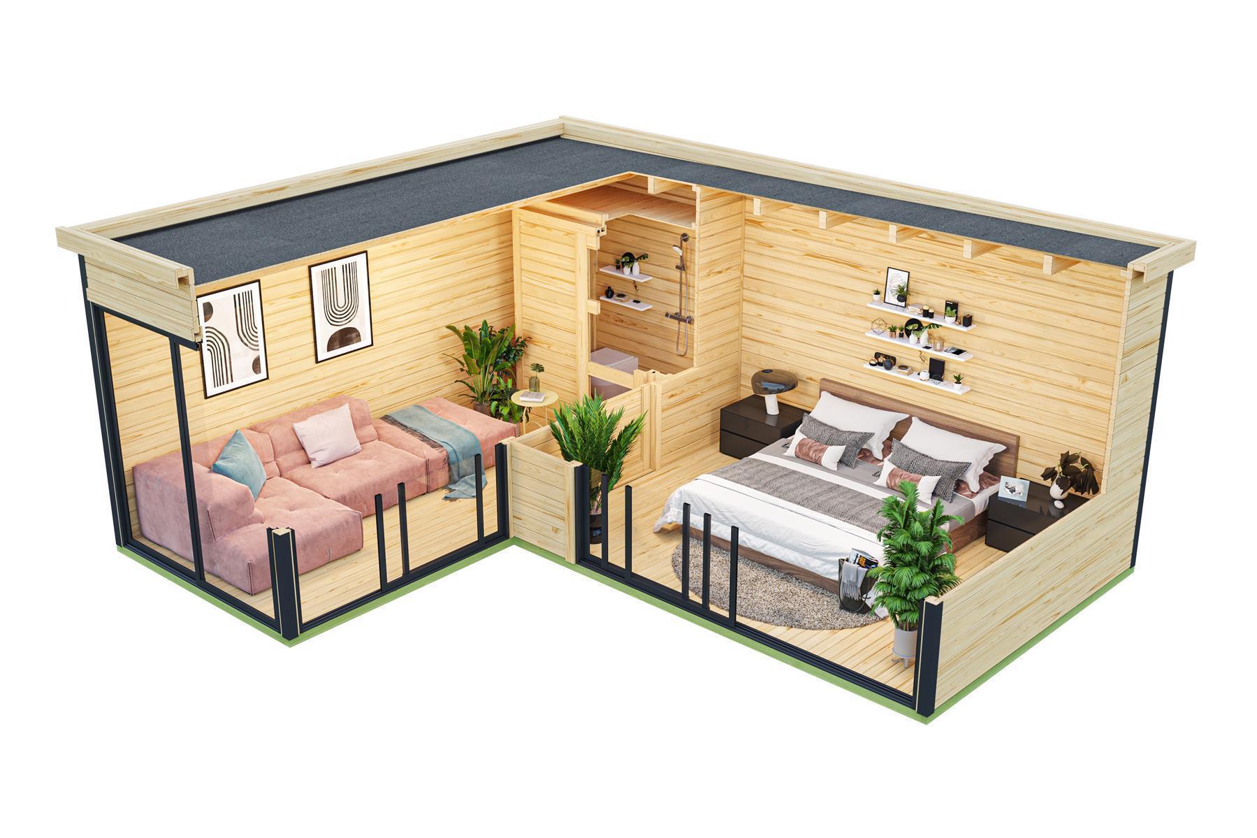 Lasita Maja Domeo 11 Set Gartenhaus Blockhaus 44 mm, L-Förmig, Fundamentmass 595x500, Lichtgrau Lasita Maja Domeo 11 Set Gartenhaus Blockhaus 44 mm, L-Förmig, Fundamentmass 595x500, Lichtgrau