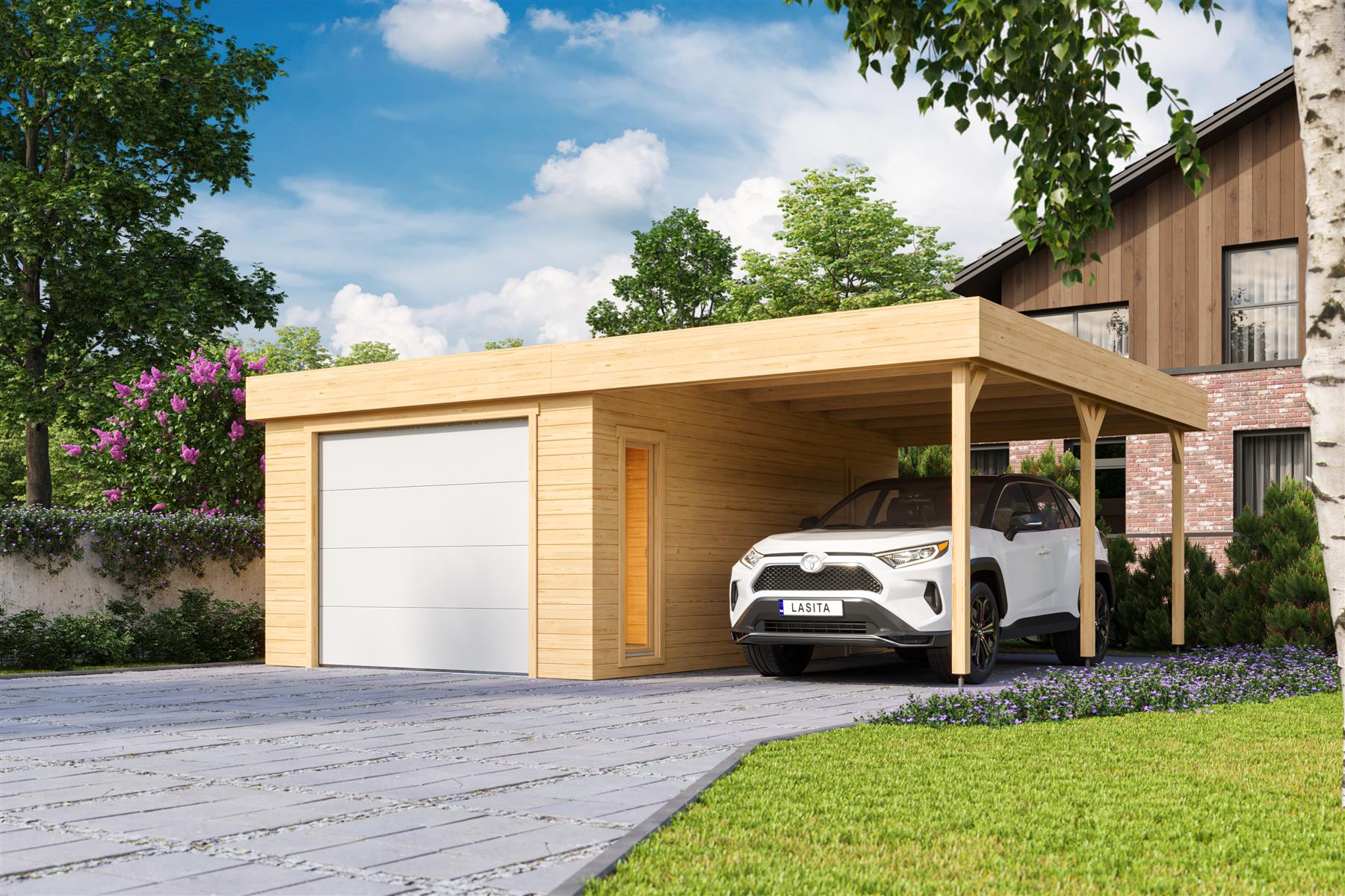 Lasita Maja Bahamas Set mit Sektionaltor Garage 44mm mit Dachanbau, 660 x 540, Naturbelassen Lasita Maja Bahamas Set mit Sektionaltor Garage 44mm mit Dachanbau, 660 x 540, Naturbelassen