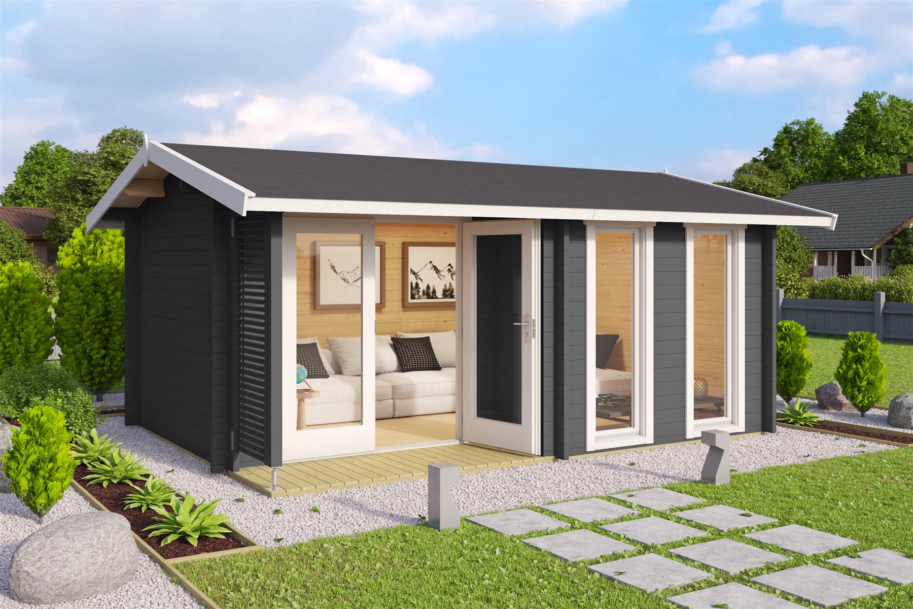 Lasita Maja Hampshire Gartenhaus Blockhaus 44 mm mit überdachte Terrasse, 420 x 300, Carbongrau Lasita Maja Hampshire Gartenhaus Blockhaus 44 mm mit überdachte Terrasse, 420 x 300, Carbongrau