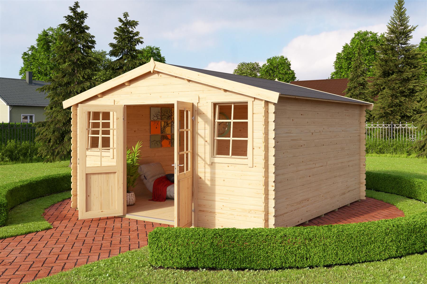 Lasita Maja Wels 4 Holz-Gartenhaus Blockhaus 28mm, 390x390, Naturbelassen