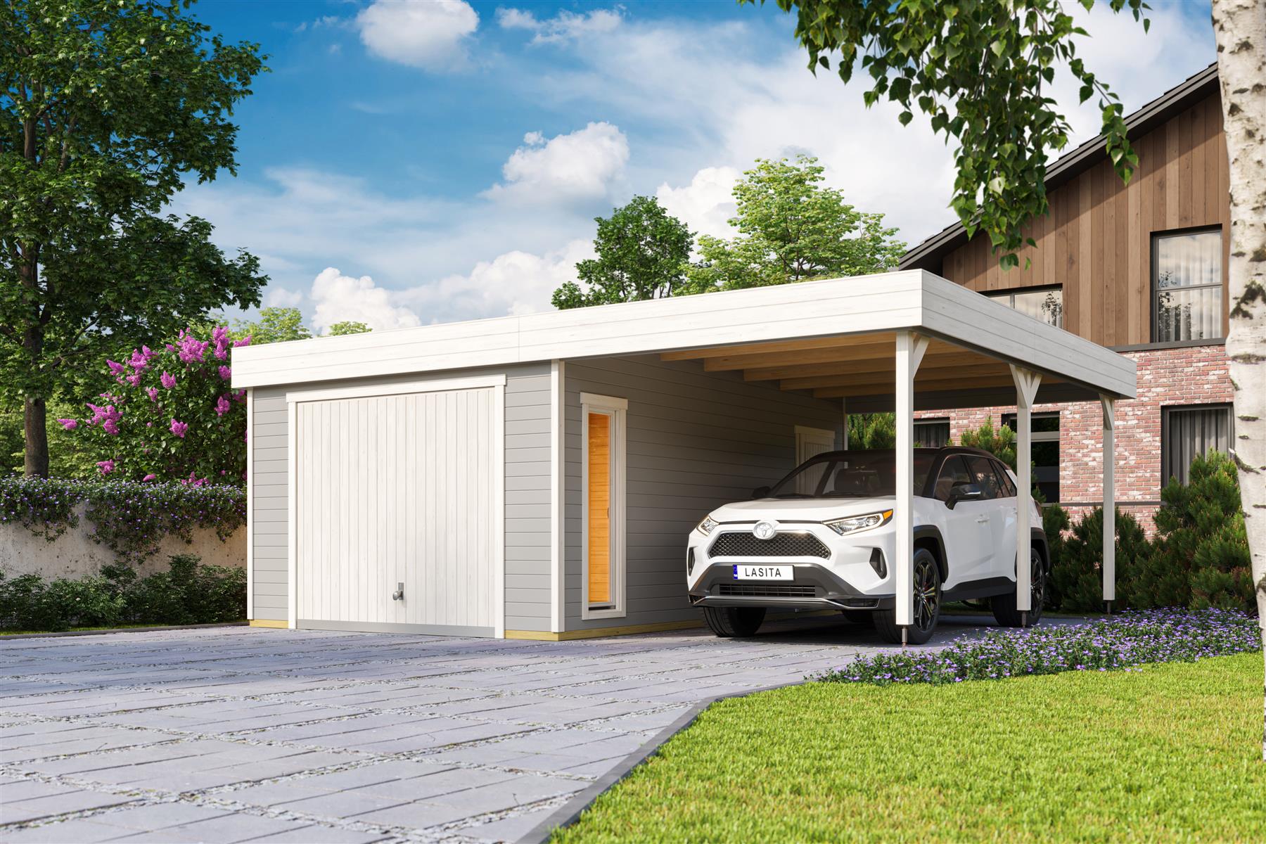 Lasita Maja Bahamas Set mit Schwingtor Garage 44mm mit Dachanbau, 660 x 540, Lichtgrau Lasita Maja Bahamas Set mit Schwingtor Garage 44mm mit Dachanbau, 660 x 540, Lichtgrau