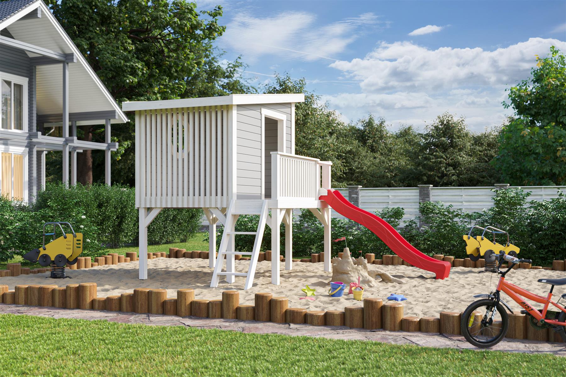 Lasita Maja Tivoli 1 (inkl.Rutsche in Rot) Kinderspielhaus 19mm, Fundamentmass 160 x 230, Lichtgrau Lasita Maja Tivoli 1 (inkl.Rutsche in Rot) Kinderspielhaus 19mm, Fundamentmass 160 x 230, Lichtgrau