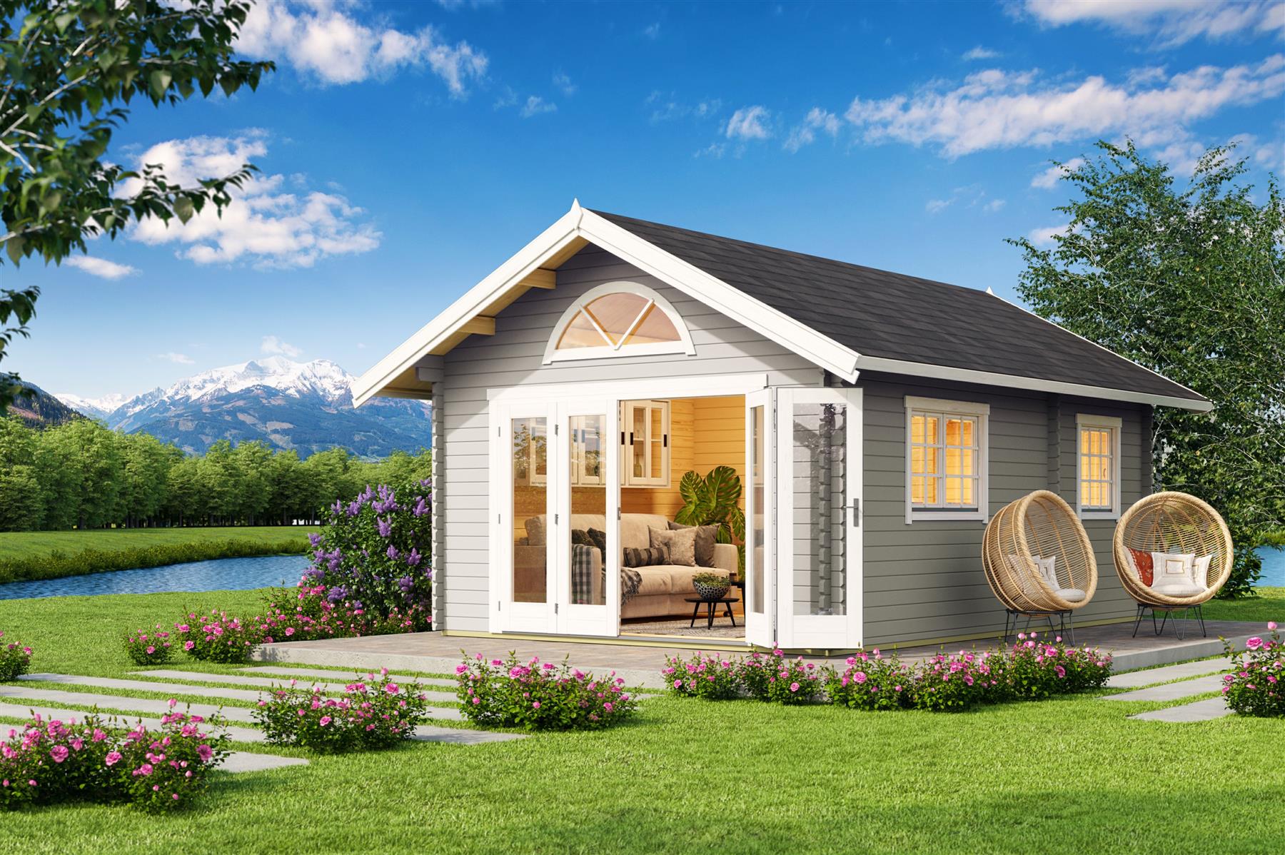 Lasita Maja Caroline 2.3 Gartenhaus Blockhaus 40 mm 3-Raum und Schlafboden, 390 x 575, Lichtgrau Lasita Maja Caroline 2.3 Gartenhaus Blockhaus 40 mm 3-Raum und Schlafboden, 390 x 575, Lichtgrau