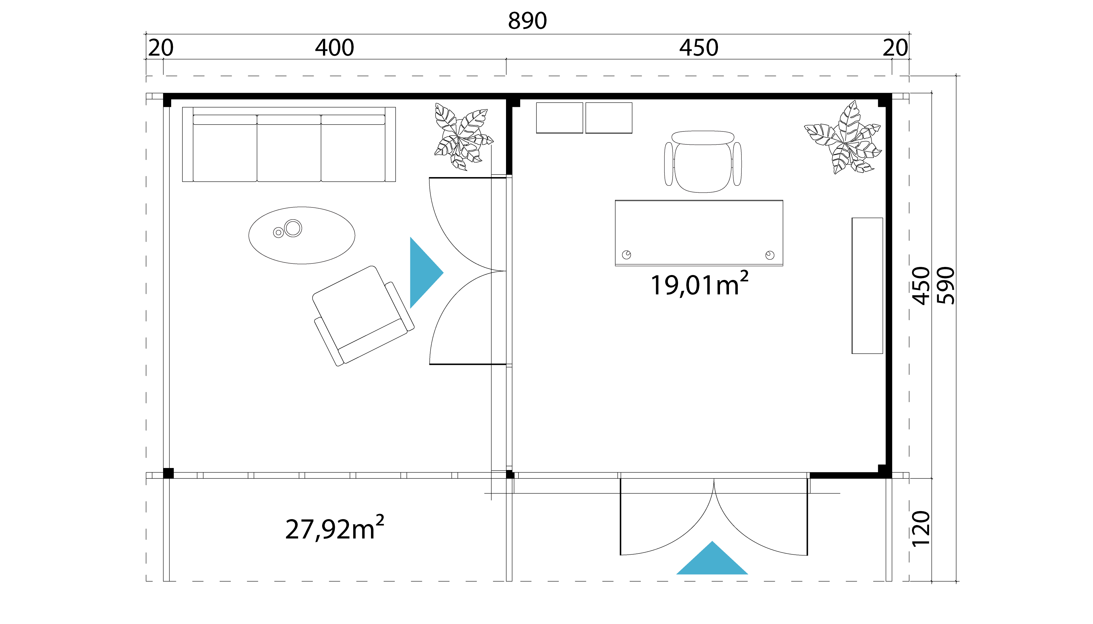 Lasita Maja Domeo 10 Gartenhaus Blockhaus 70 mm mit Anbau, 850 x 450, Naturbelassen