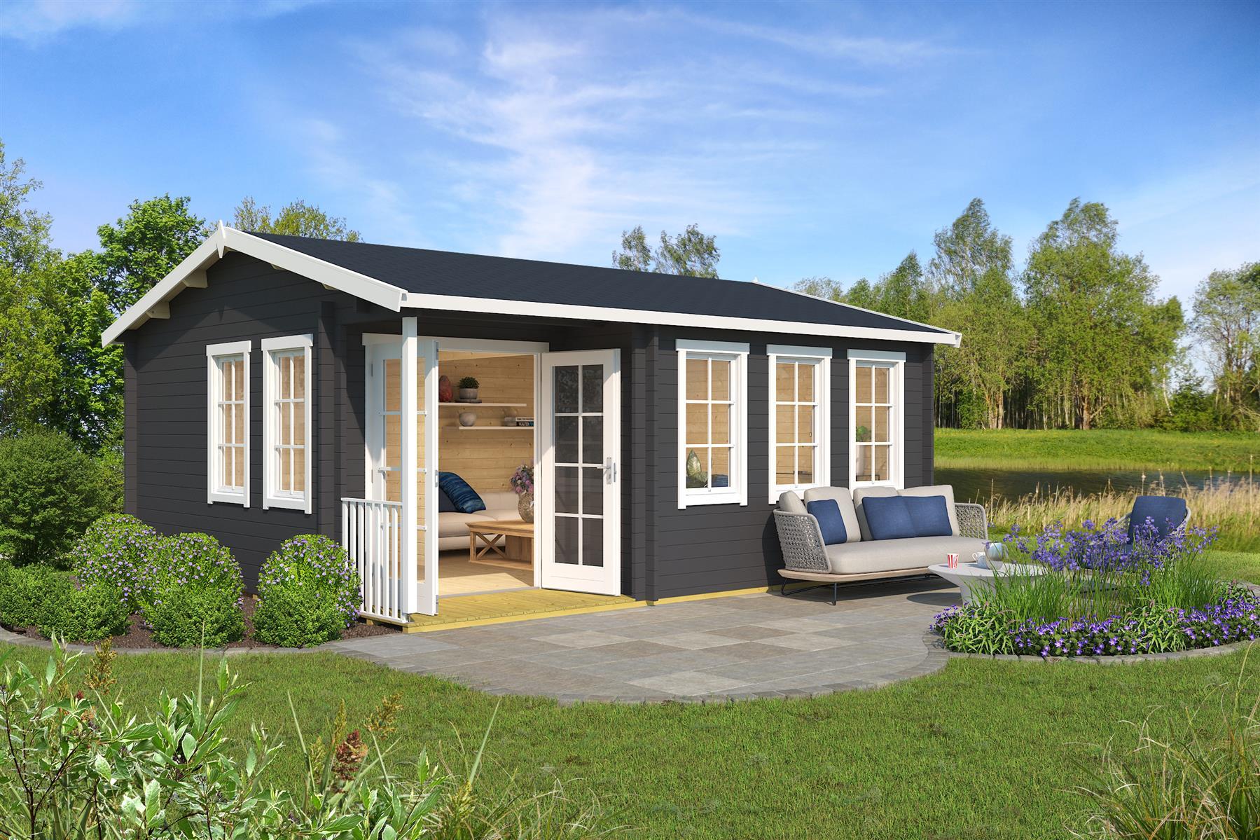Lasita Maja Sri Lanka Set Silber Gartenhaus Blockhaus 44 mm mit 2-Raum und überdachte Terrasse, 560 x 480, Carbongrau Lasita Maja Sri Lanka Set Silber Gartenhaus Blockhaus 44 mm mit 2-Raum und überdachte Terrasse, 560 x 480, Carbongrau