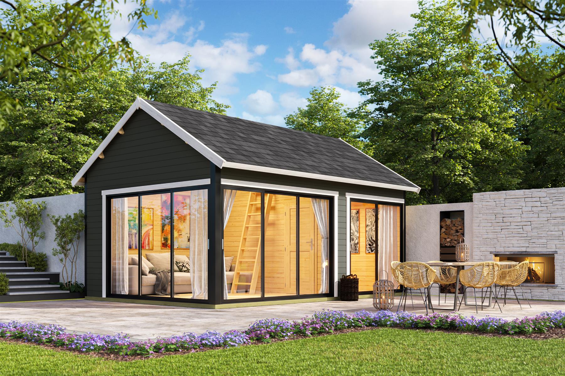 Lasita Maja Murano 3 Set Gartenhaus Blockhaus 44mm, mit Schlafboden, Fundamentmass 578x390, Carbongrau Lasita Maja Murano 3 Set Gartenhaus Blockhaus 44mm, mit Schlafboden, Fundamentmass 578x390, Carbongrau