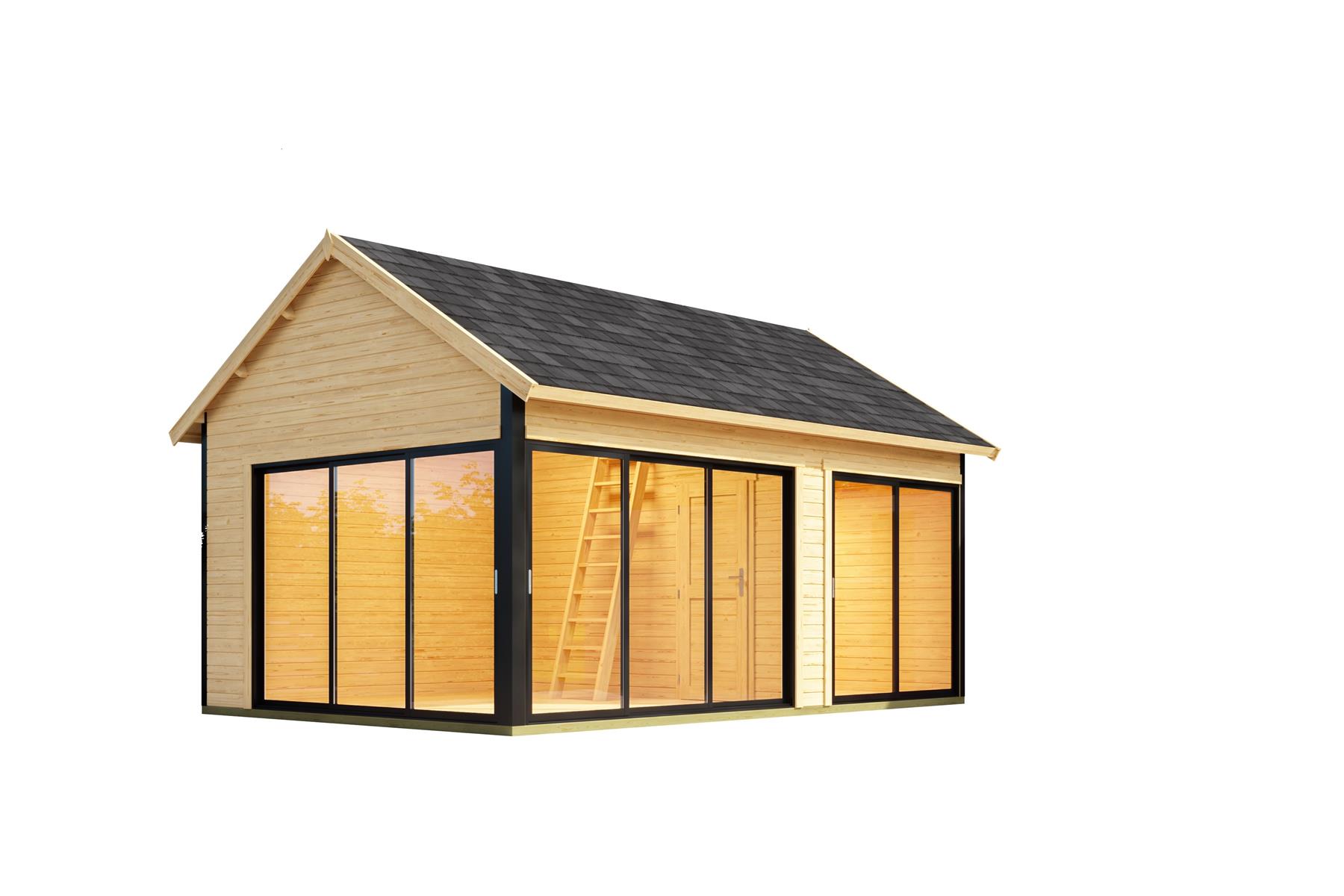 Lasita Maja Murano 3 Set Gartenhaus Blockhaus 44mm, mit Schlafboden, Fundamentmass 578x390, Naturbelassen Lasita Maja Murano 3 Set Gartenhaus Blockhaus 44mm, mit Schlafboden, Fundamentmass 578x390, Naturbelassen