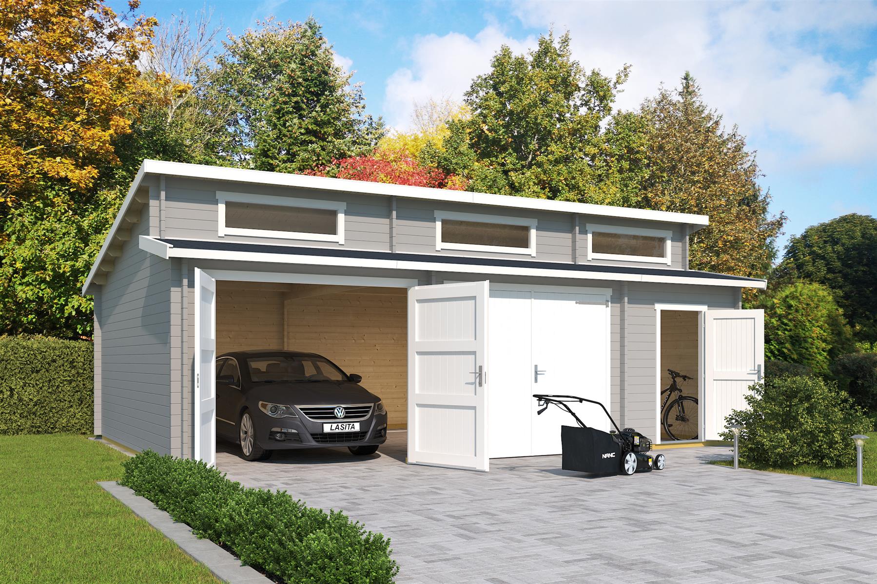 Lasita Maja Hawaii Set mit Holztoren Garage 44 mm 2-Raum, 780 x 520, Lichtgrau Lasita Maja Hawaii Set mit Holztoren Garage 44 mm 2-Raum, 780 x 520, Lichtgrau