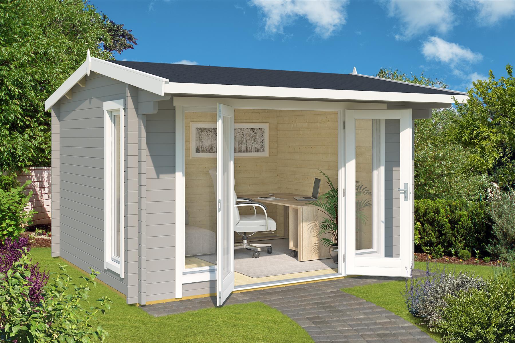 Lasita Maja Jubilee 44 Gartenhaus Blockhaus 44 mm  mit Vordach, 350 x 300, Lichtgrau Lasita Maja Jubilee 44 Gartenhaus Blockhaus 44 mm  mit Vordach, 350 x 300, Lichtgrau