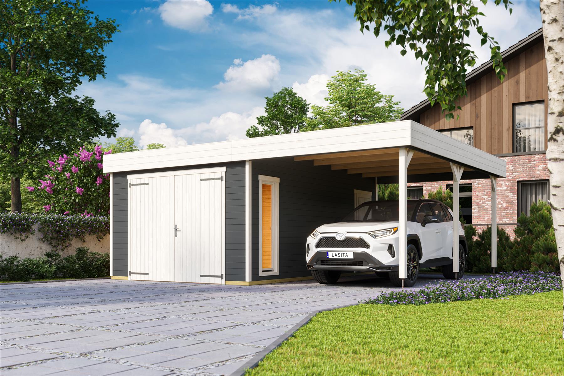 Lasita Maja Bahamas Set mit Holztor Garage 44mm mit Dachanbau, 660 x 540, Carbongrau Lasita Maja Bahamas Set mit Holztor Garage 44mm mit Dachanbau, 660 x 540, Carbongrau