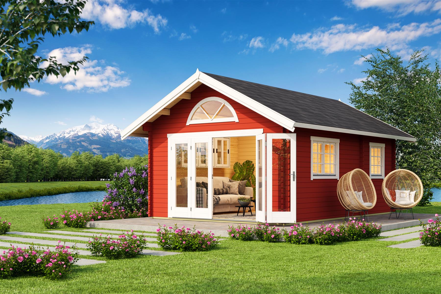 Lasita Maja Caroline 2.3 Gartenhaus Blockhaus 40 mm 3-Raum und Schlafboden, 390 x 575, Schwedenrot