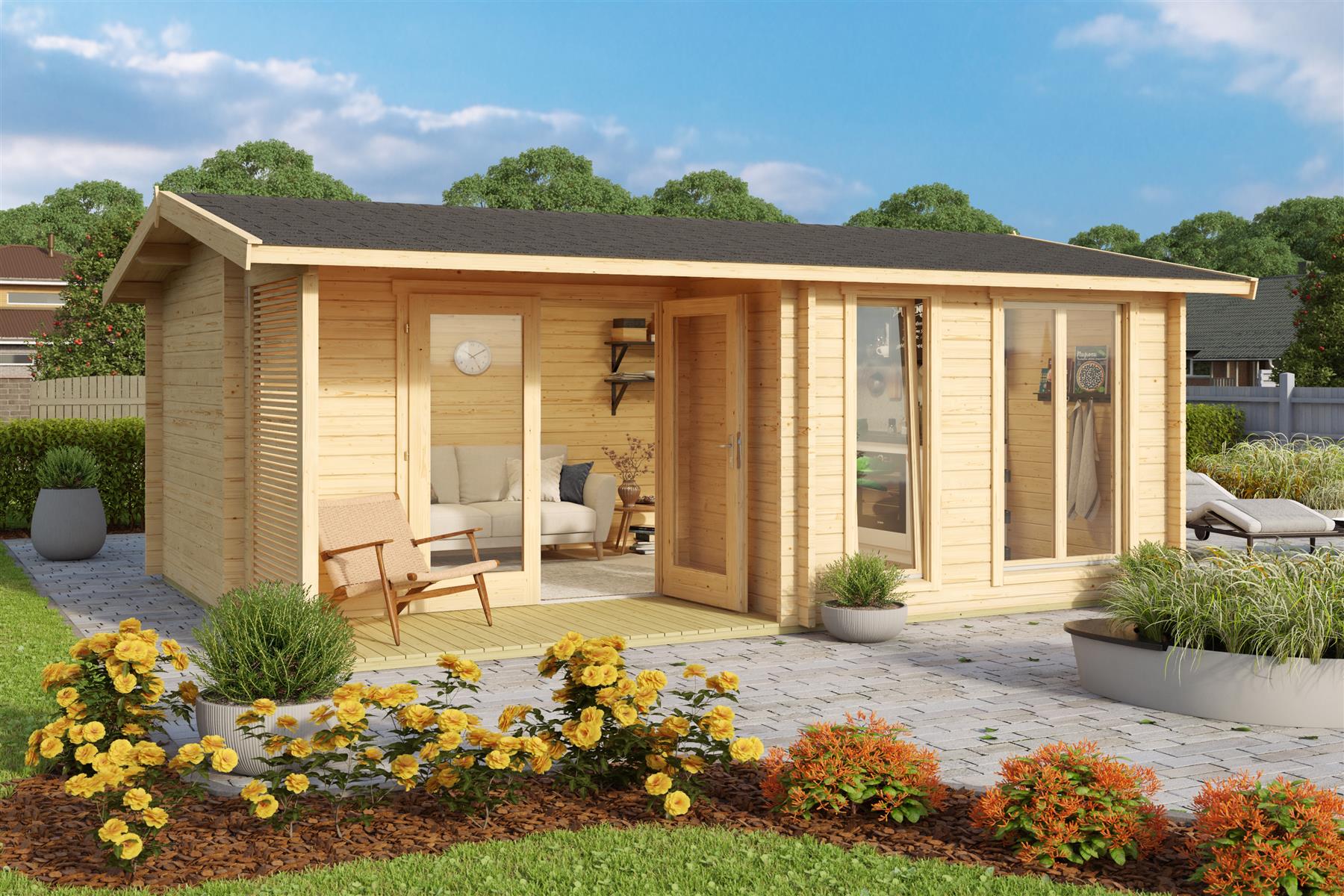 Lasita Maja Brighton 44 Gartenhaus Blockhaus 44 mm mit Terrasse, 520 x 370, Naturbelassen Lasita Maja Brighton 44 Gartenhaus Blockhaus 44 mm mit Terrasse, 520 x 370, Naturbelassen