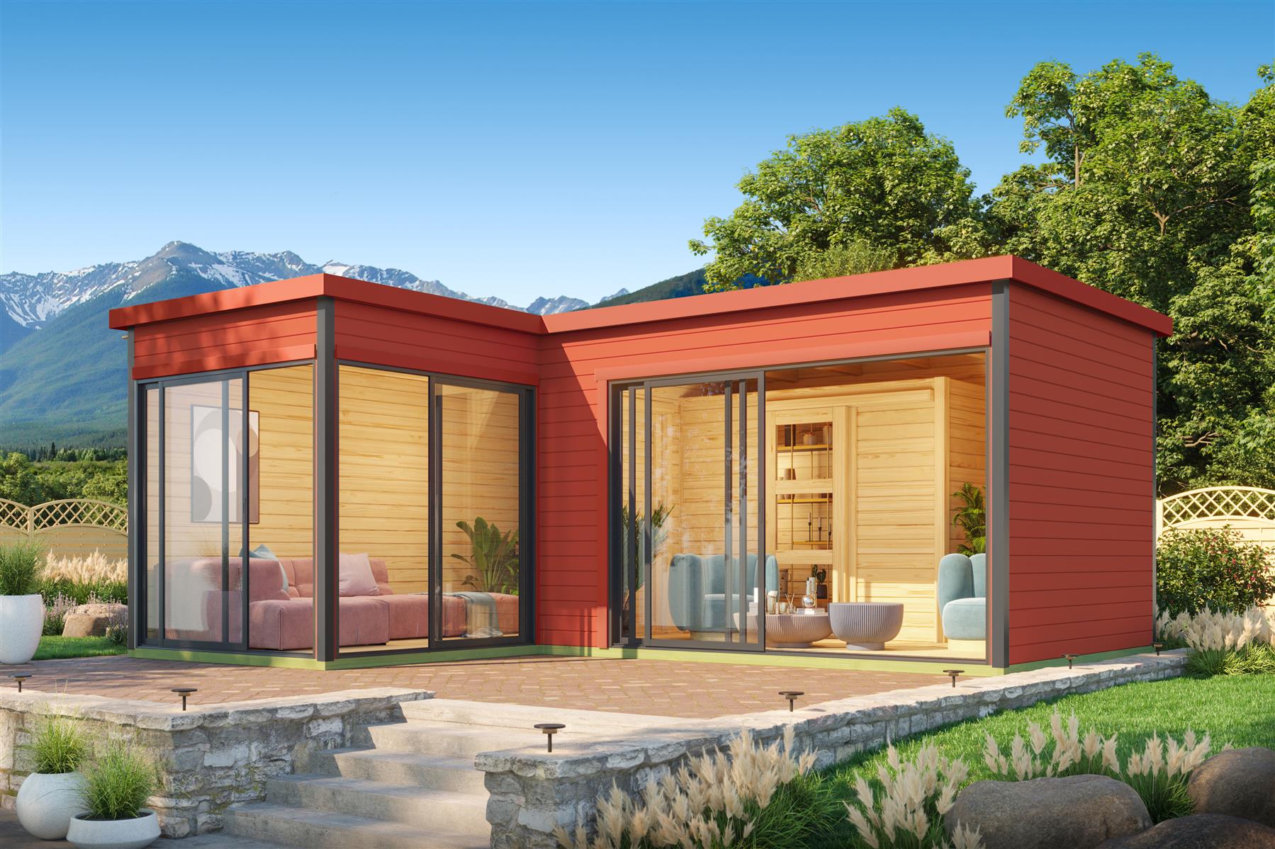 Lasita Maja Domeo 11 Set Gartenhaus Blockhaus 44 mm, L-Förmig, Fundamentmass 595x500, Schwedenrot Lasita Maja Domeo 11 Set Gartenhaus Blockhaus 44 mm, L-Förmig, Fundamentmass 595x500, Schwedenrot