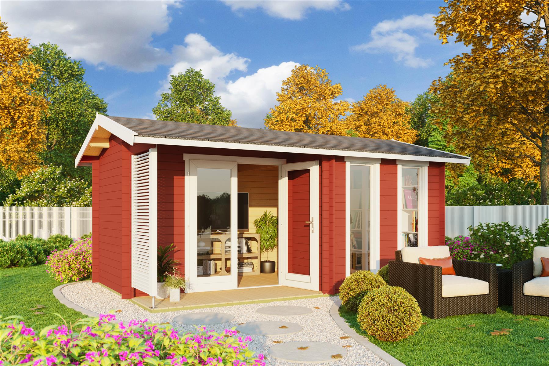 Lasita Maja Riverside Holz-Gartenhaus Blockhaus mit Terrasse 28mm, 480x300, Schwedenrot