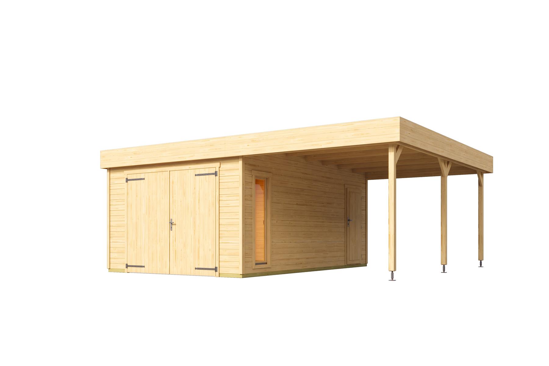 Lasita Maja Bahamas Set mit Holztor Garage 44mm mit Dachanbau, 660 x 540, Naturbelassen