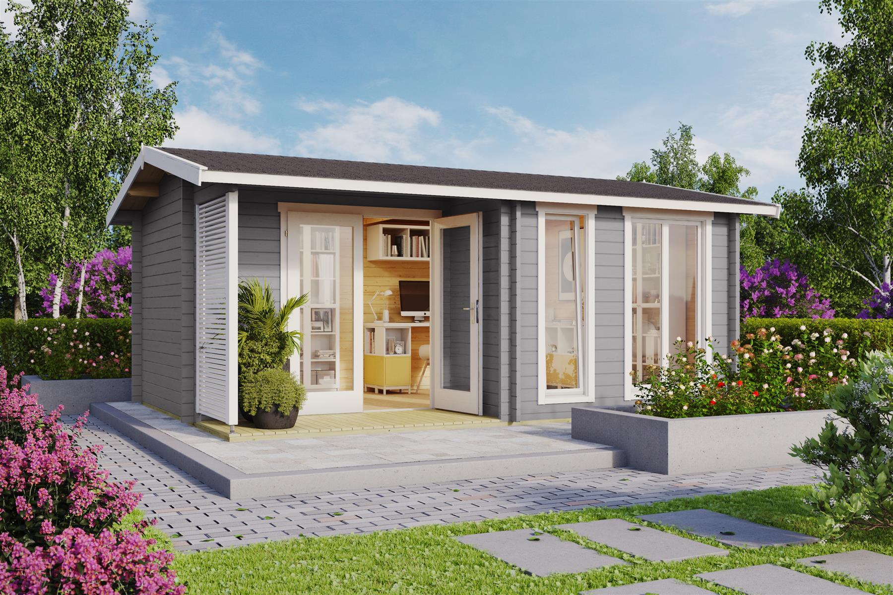 Lasita Maja Brighton 44 Gartenhaus Blockhaus 44 mm mit Terrasse, 520 x 370, Lichtgrau Lasita Maja Brighton 44 Gartenhaus Blockhaus 44 mm mit Terrasse, 520 x 370, Lichtgrau