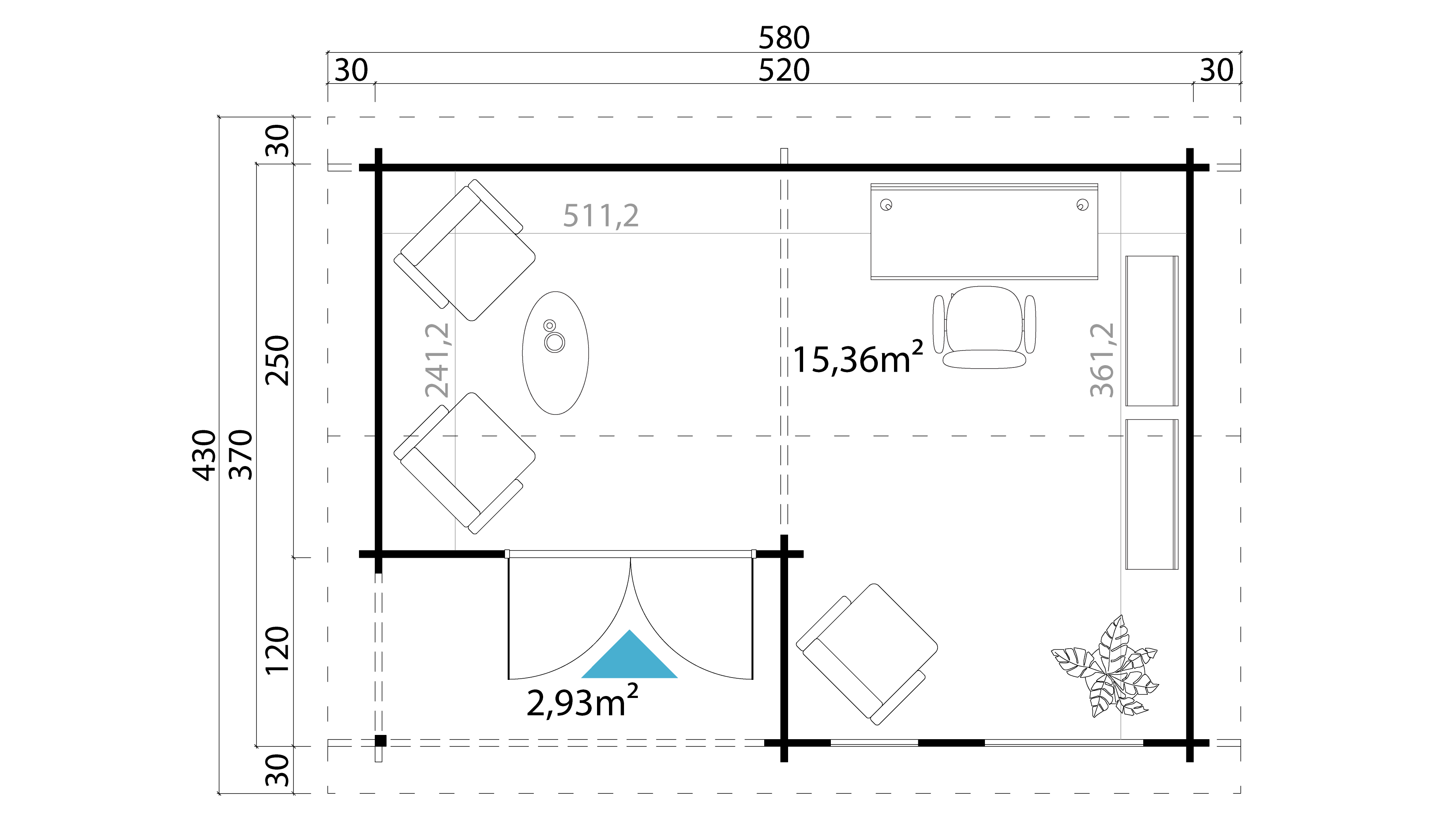 Lasita Maja Brighton 44 Gartenhaus Blockhaus 44 mm mit Terrasse, 520 x 370, Gletschergrün