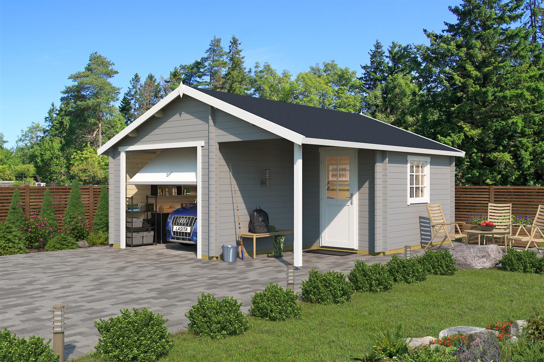 Lasita Maja Nevis Set mit Schwingtor Garage 44 mm, 500 x 550, Lichtgrau Lasita Maja Nevis Set mit Schwingtor Garage 44 mm, 500 x 550, Lichtgrau