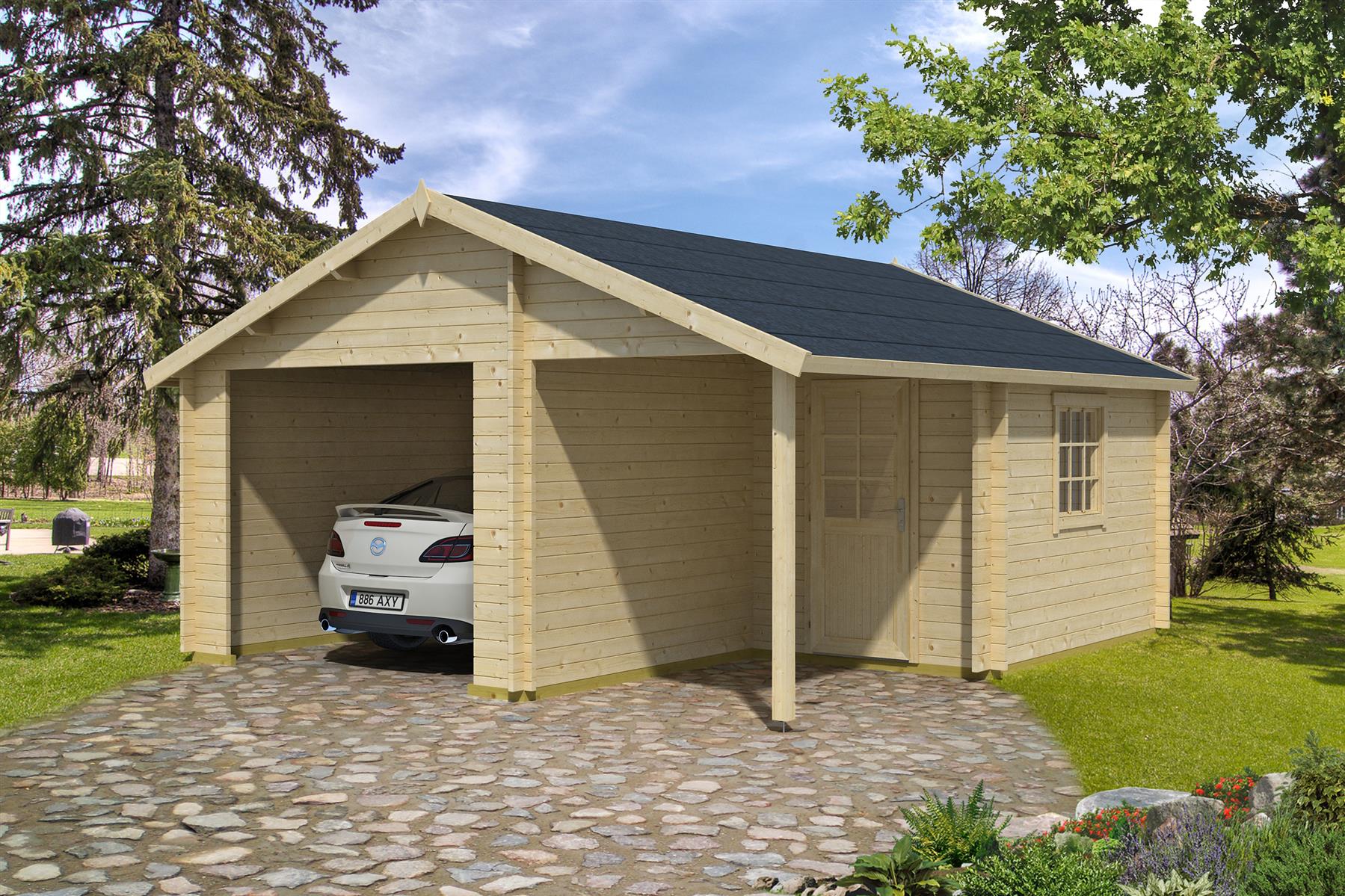 Lasita Maja Nevis Ohne Tore Garage 44 mm mit Überdachung, 500 x 550, Naturbelassen Lasita Maja Nevis Ohne Tore Garage 44 mm mit Überdachung, 500 x 550, Naturbelassen