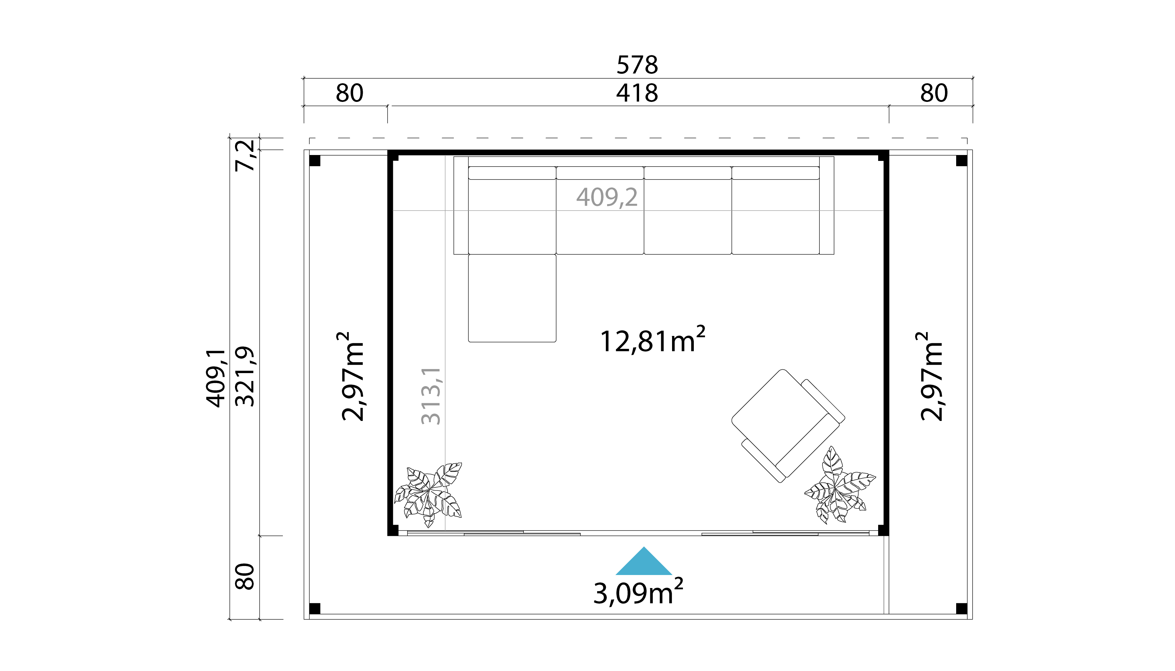 Lasita Maja Domeo 4 Loggia Gartenhaus Blockhaus 44 mm mit Überdachung, 578 x 402, Carbongrau