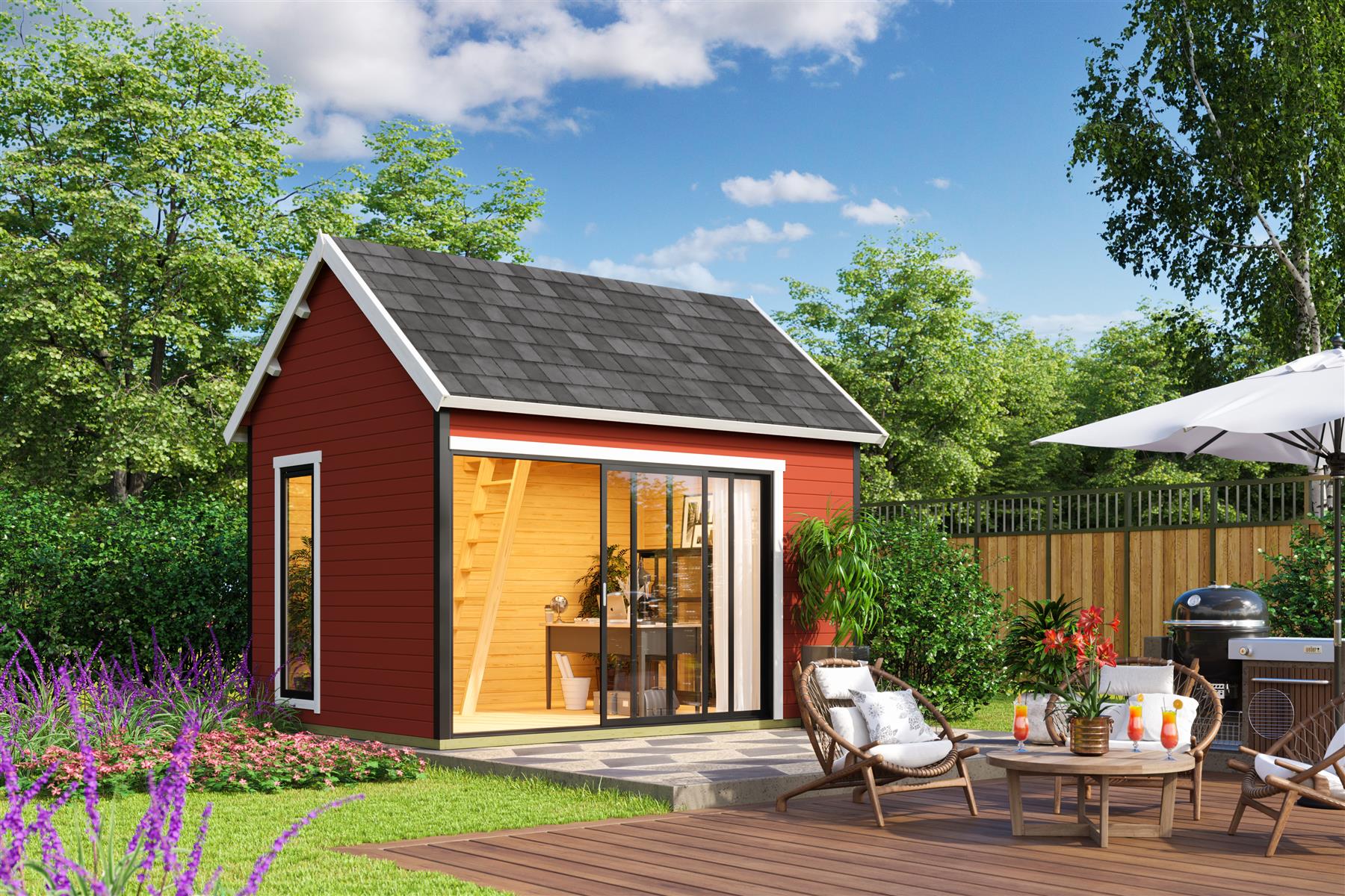 Lasita Maja Murano 2 Set Gartenhaus Blockhaus 44mm, mit Schlafboden, Fundamentmass 410x300, Schwedenrot Lasita Maja Murano 2 Set Gartenhaus Blockhaus 44mm, mit Schlafboden, Fundamentmass 410x300, Schwedenrot