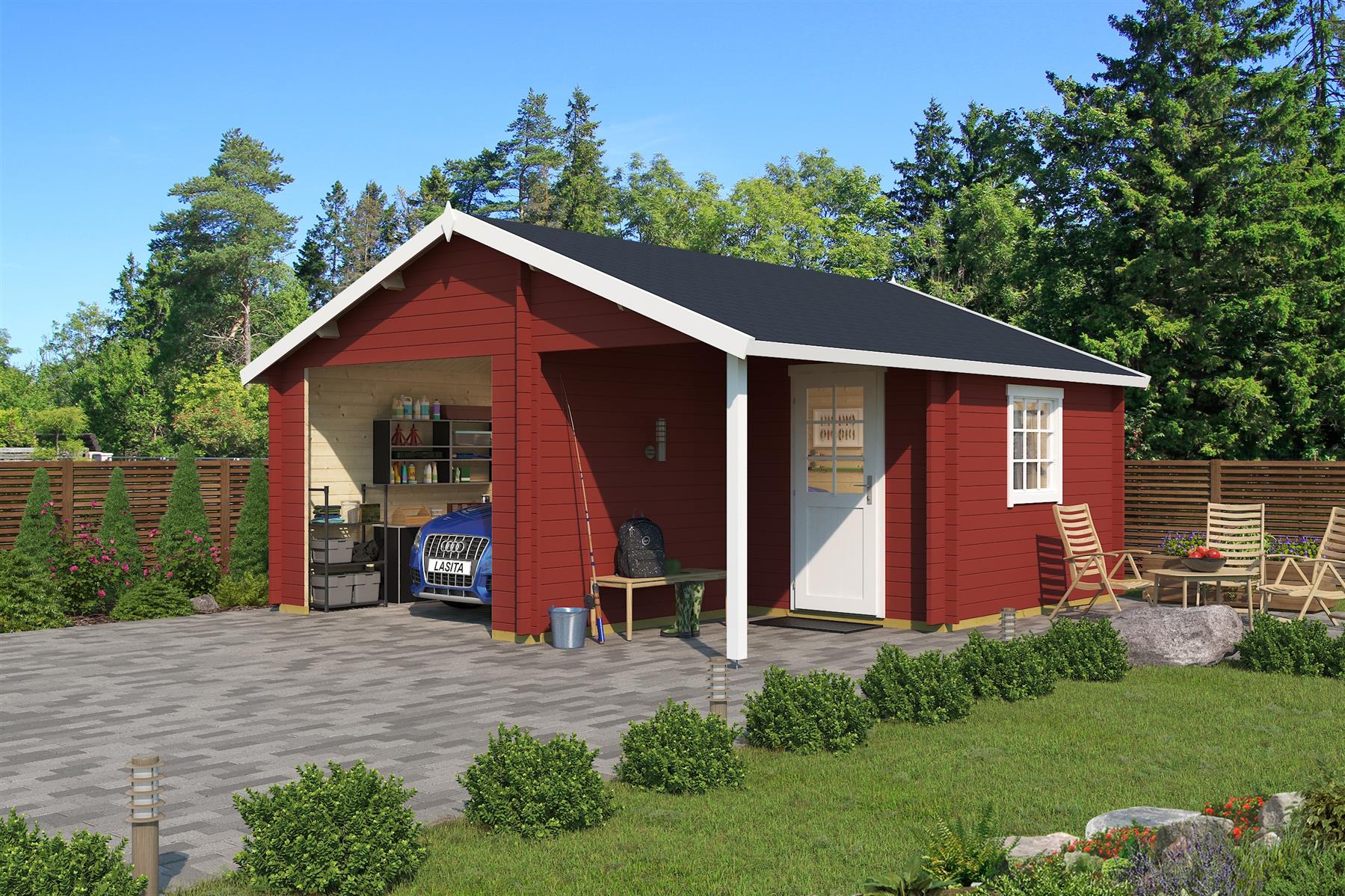 Lasita Maja Nevis Ohne Tore Garage 44 mm mit Überdachung, 500 x 550, Schwedenrot Lasita Maja Nevis Ohne Tore Garage 44 mm mit Überdachung, 500 x 550, Schwedenrot
