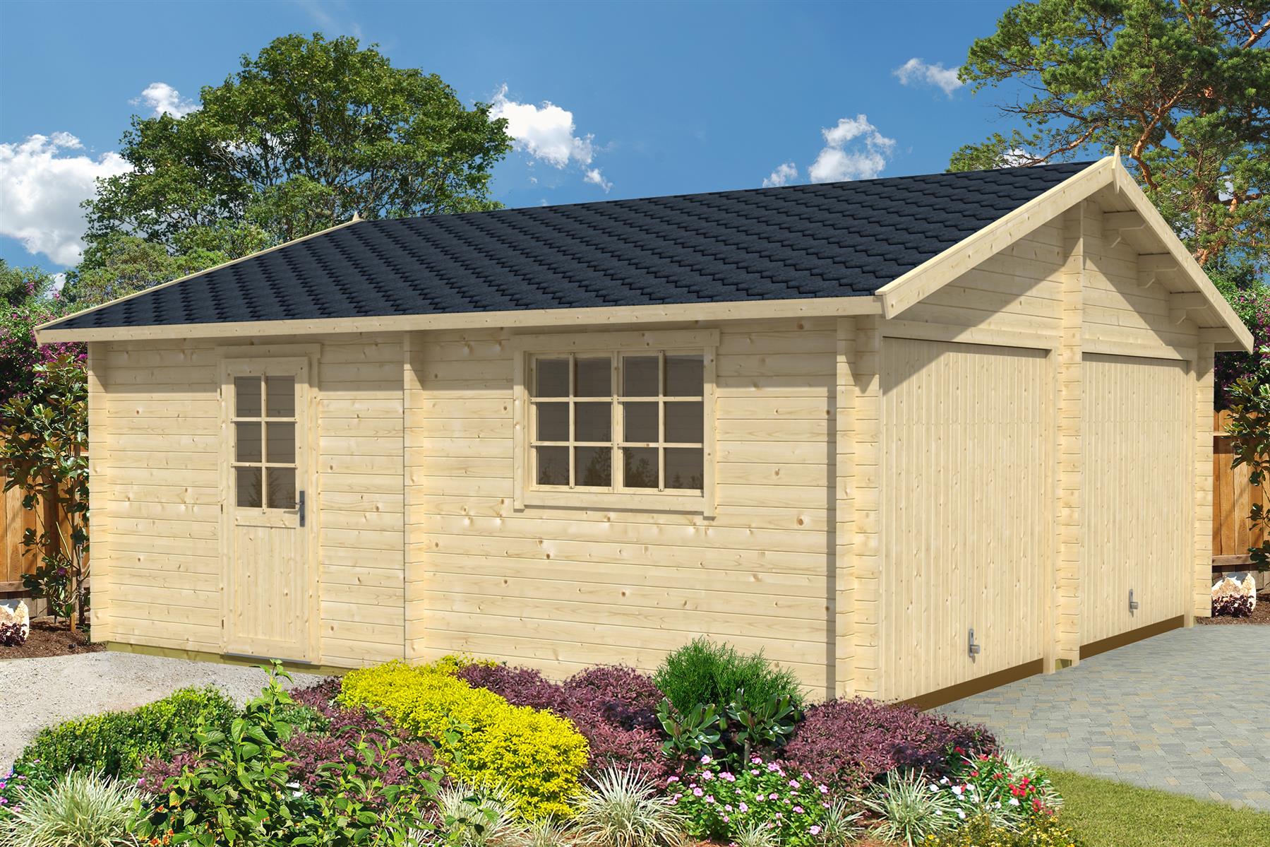 Lasita Maja Falkland Set mit Schwingtor Garage 44 mm, 575 x 575, Naturbelassen Lasita Maja Falkland Set mit Schwingtor Garage 44 mm, 575 x 575, Naturbelassen