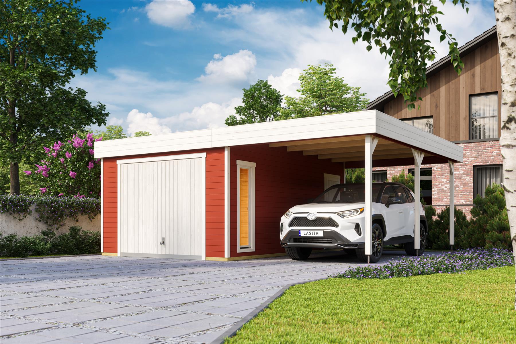 Lasita Maja Bahamas Set mit Schwingtor Garage 44mm mit Dachanbau, 660 x 540, Schwedenrot Lasita Maja Bahamas Set mit Schwingtor Garage 44mm mit Dachanbau, 660 x 540, Schwedenrot