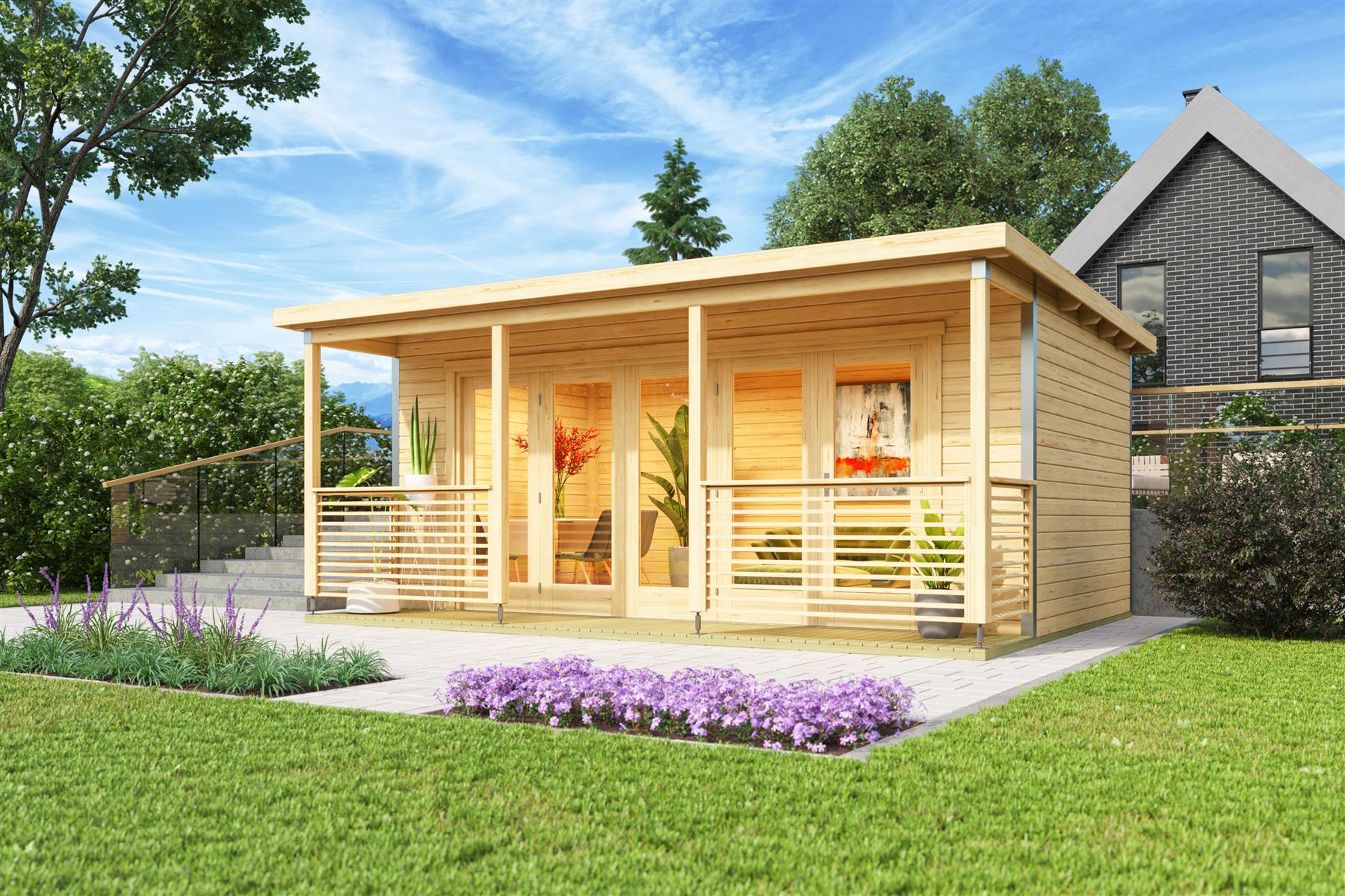 Lasita Maja Liverpool 2 Ferienhaus 44mm, Terrasse mit Geländer, 550x300, Naturbelassen Lasita Maja Liverpool 2 Ferienhaus 44mm, Terrasse mit Geländer, 550x300, Naturbelassen