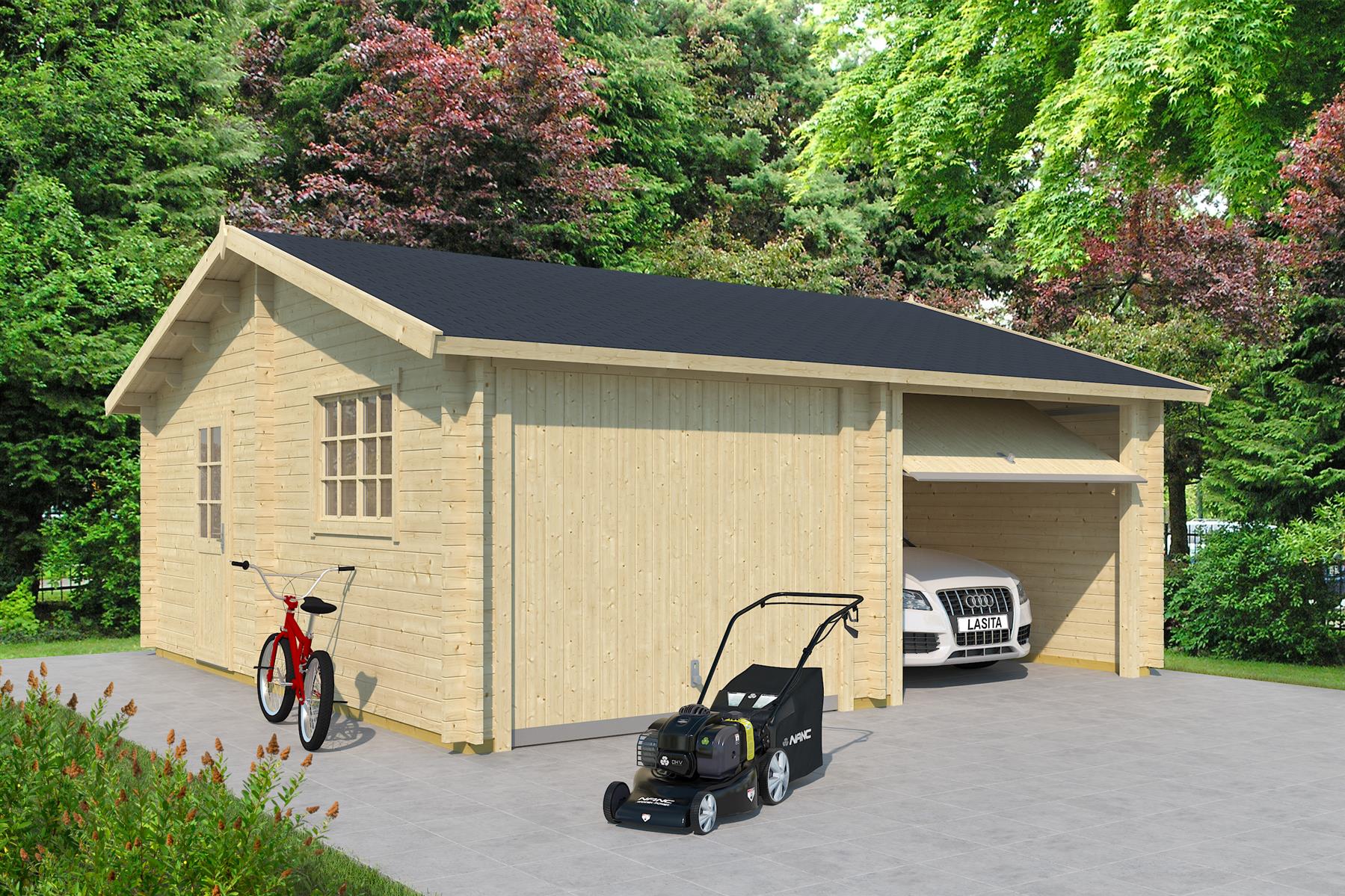 Lasita Maja Falkland Set mit Schwingtor Garage 44 mm, 575 x 575, Naturbelassen Lasita Maja Falkland Set mit Schwingtor Garage 44 mm, 575 x 575, Naturbelassen