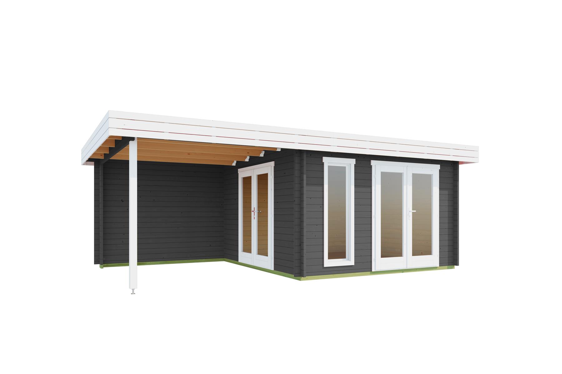 Lasita Maja Anders Gartenhaus Blockhaus 44mm mit Anbau, 360x360, Carbongrau Lasita Maja Anders Gartenhaus Blockhaus 44mm mit Anbau, 360x360, Carbongrau