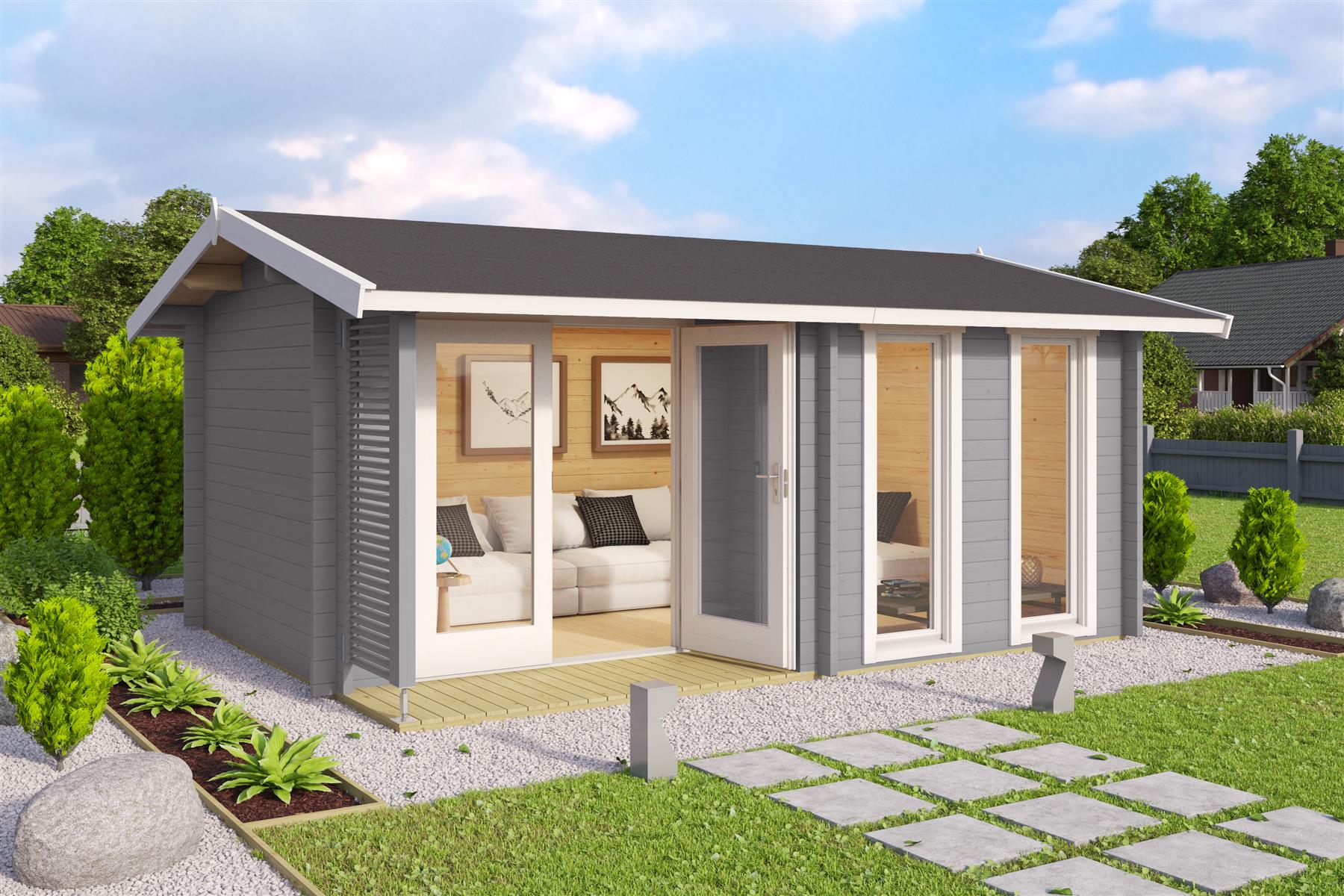 Lasita Maja Hampshire Gartenhaus Blockhaus 44 mm mit überdachte Terrasse, 420 x 300, Lichtgrau Lasita Maja Hampshire Gartenhaus Blockhaus 44 mm mit überdachte Terrasse, 420 x 300, Lichtgrau