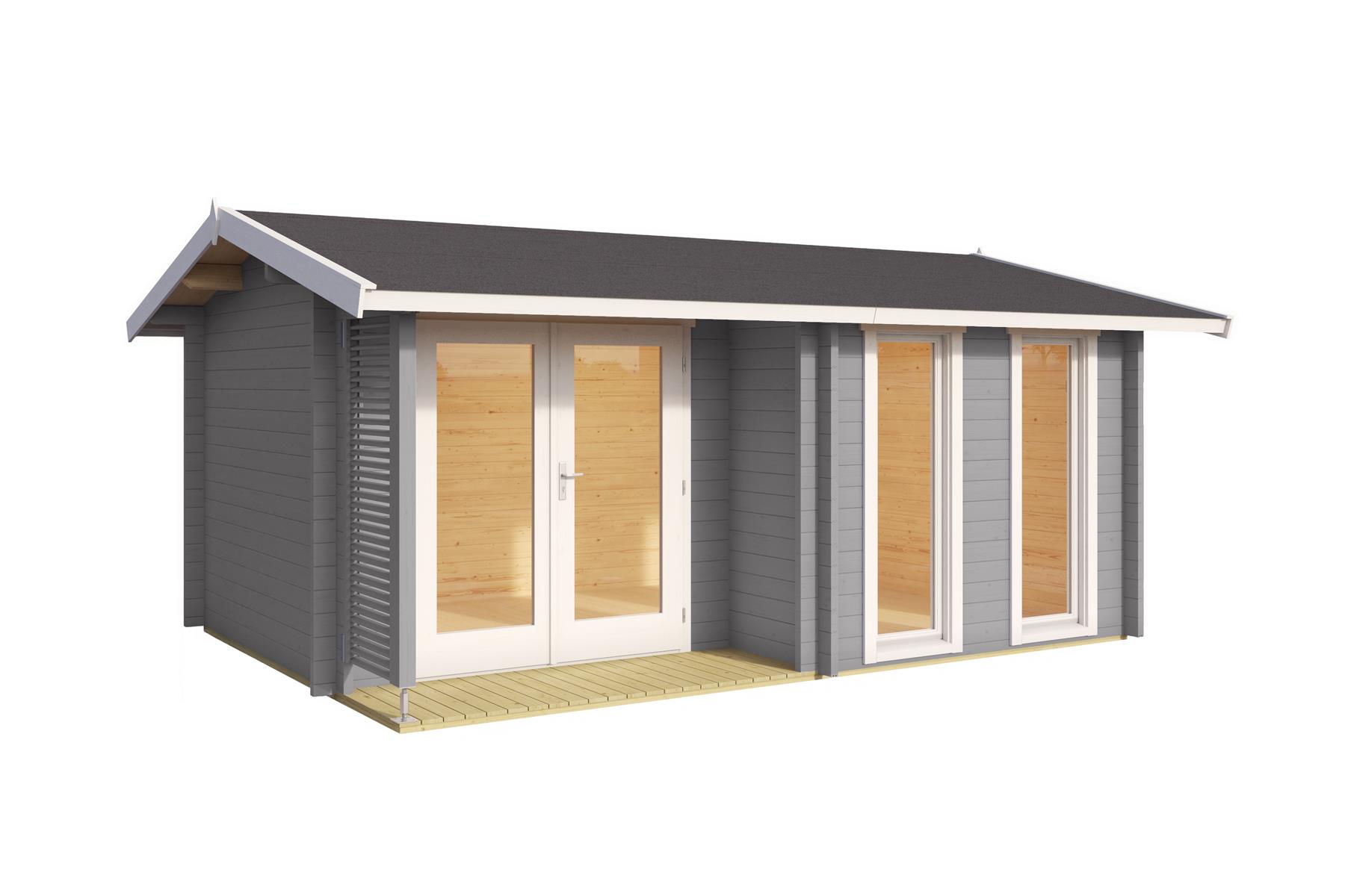 Lasita Maja Hampshire Gartenhaus Blockhaus 44 mm mit überdachte Terrasse, 420 x 300, Lichtgrau Lasita Maja Hampshire Gartenhaus Blockhaus 44 mm mit überdachte Terrasse, 420 x 300, Lichtgrau