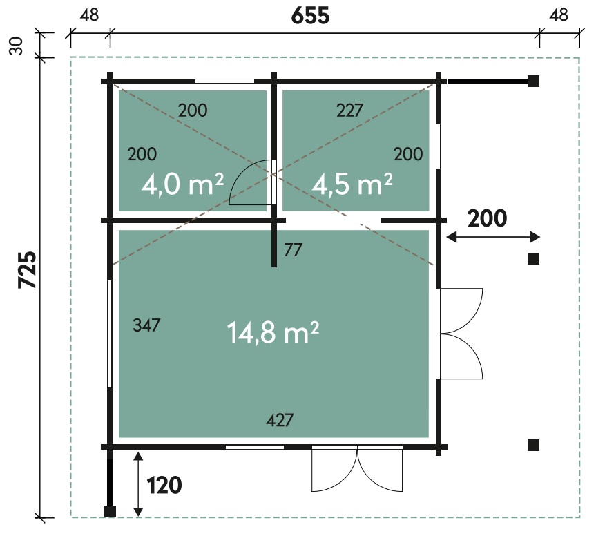 Wolff Finnhaus Ferienhaus Tirol 6658 70 mit Seitendach rechts - 655 x 575