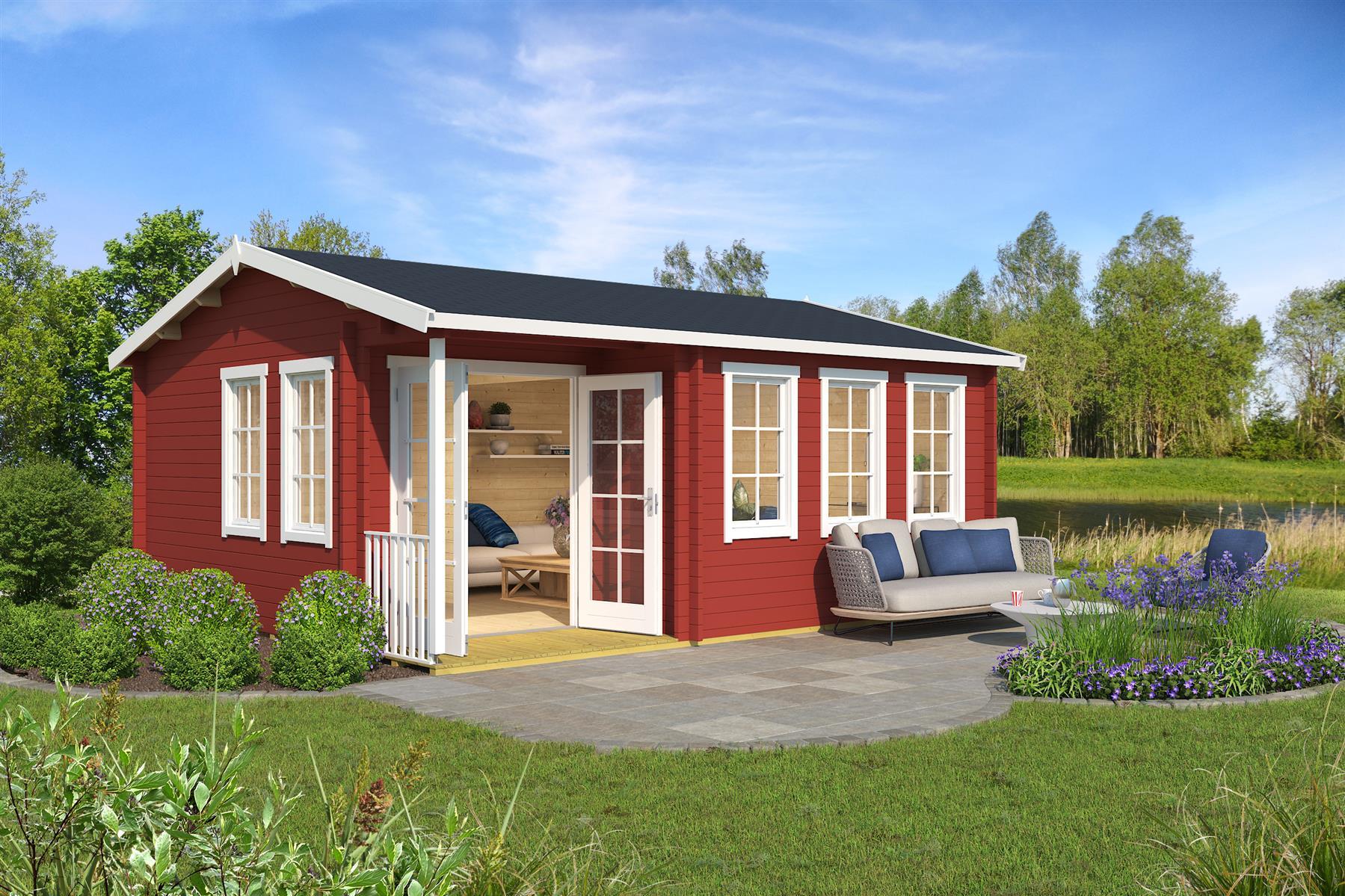 Lasita Maja Sri Lanka Set Gold Gartenhaus Blockhaus 44 mm mit 2-Raum und überdachte Terrasse, 560 x 480, Schwedenrot