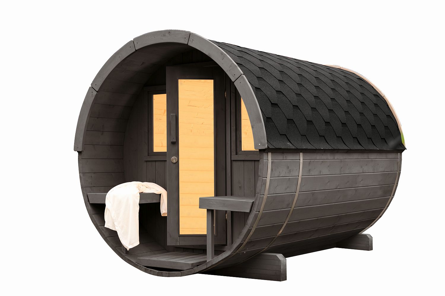 Saunafass Sila 2128 montiert Hellgrau mit schwarzen Dachschindeln - Ø205 x 280
