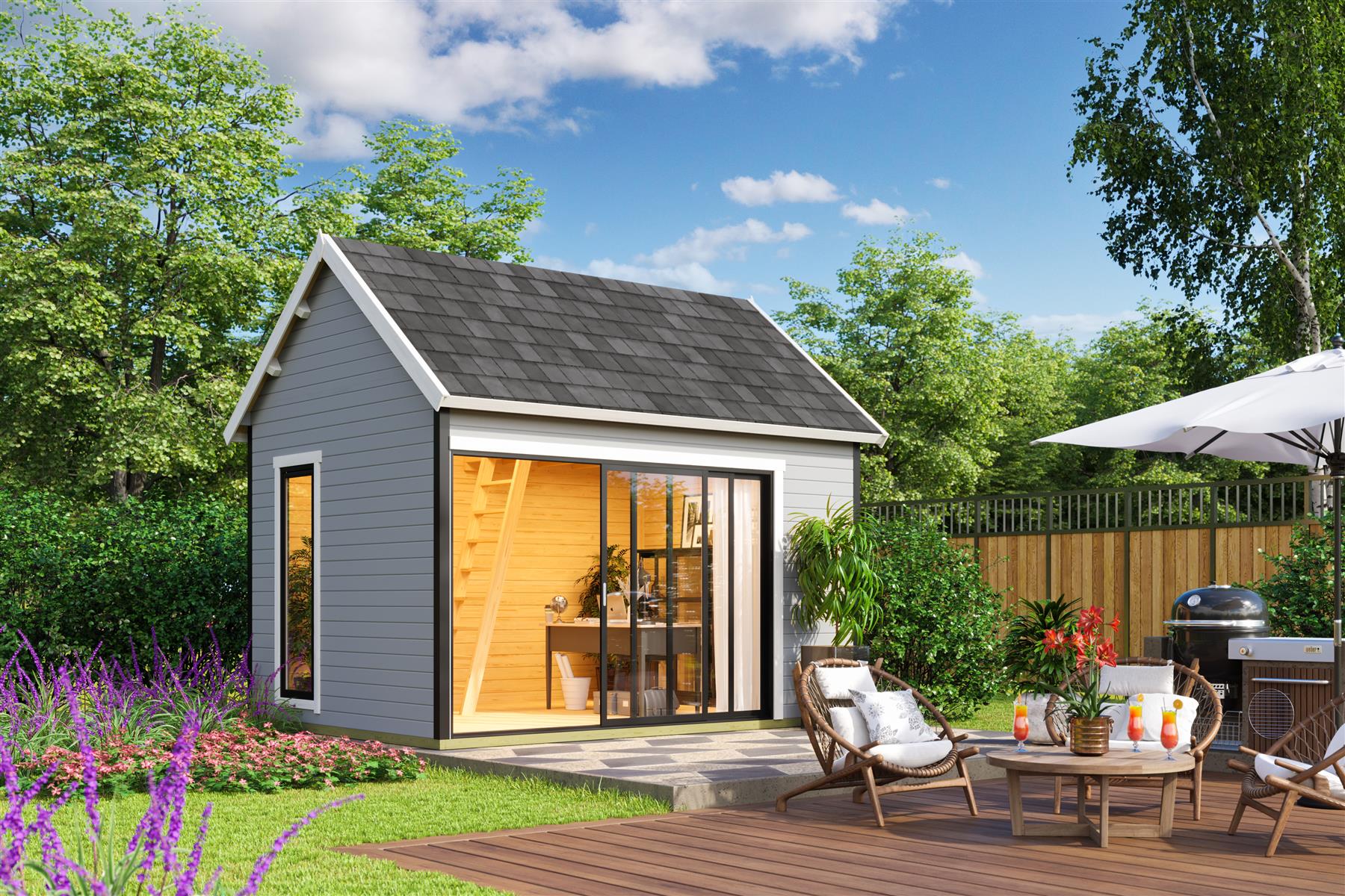 Lasita Maja Murano 2 Set Gartenhaus Blockhaus 44mm, mit Schlafboden, Fundamentmass 410x300, Lichtgrau Lasita Maja Murano 2 Set Gartenhaus Blockhaus 44mm, mit Schlafboden, Fundamentmass 410x300, Lichtgrau